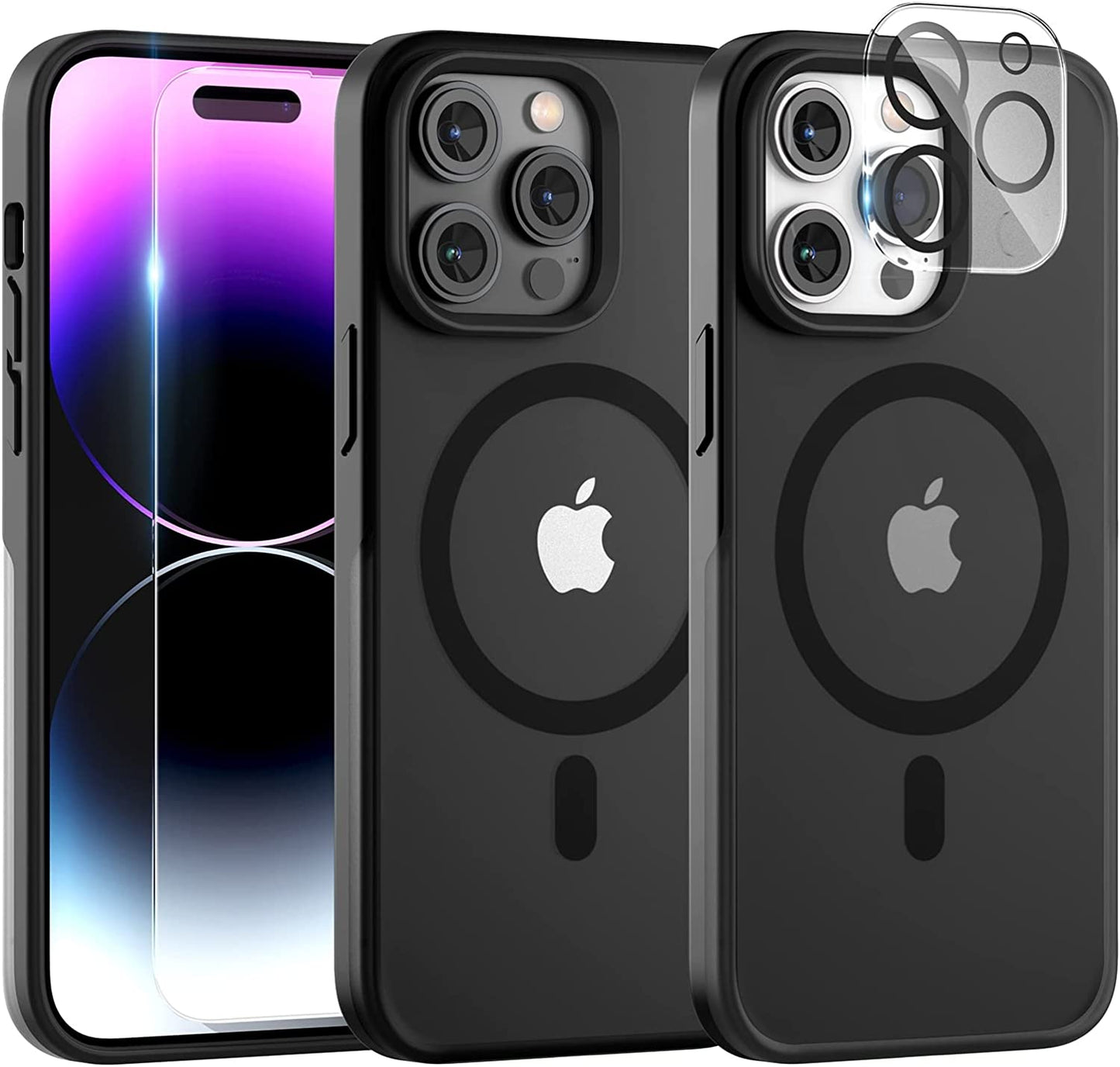 TAURI [5 in 1 Magnetic for Iphone 14 Case [Compatible with Magsafe] with 2 Screen Protector +2 Camera Lens Protector, [Military Grade Drop Protection] Translucent Matte Slim Case 6.1 Inch, Black  TAURI Black iPhone 14 Pro Max 6.7" 