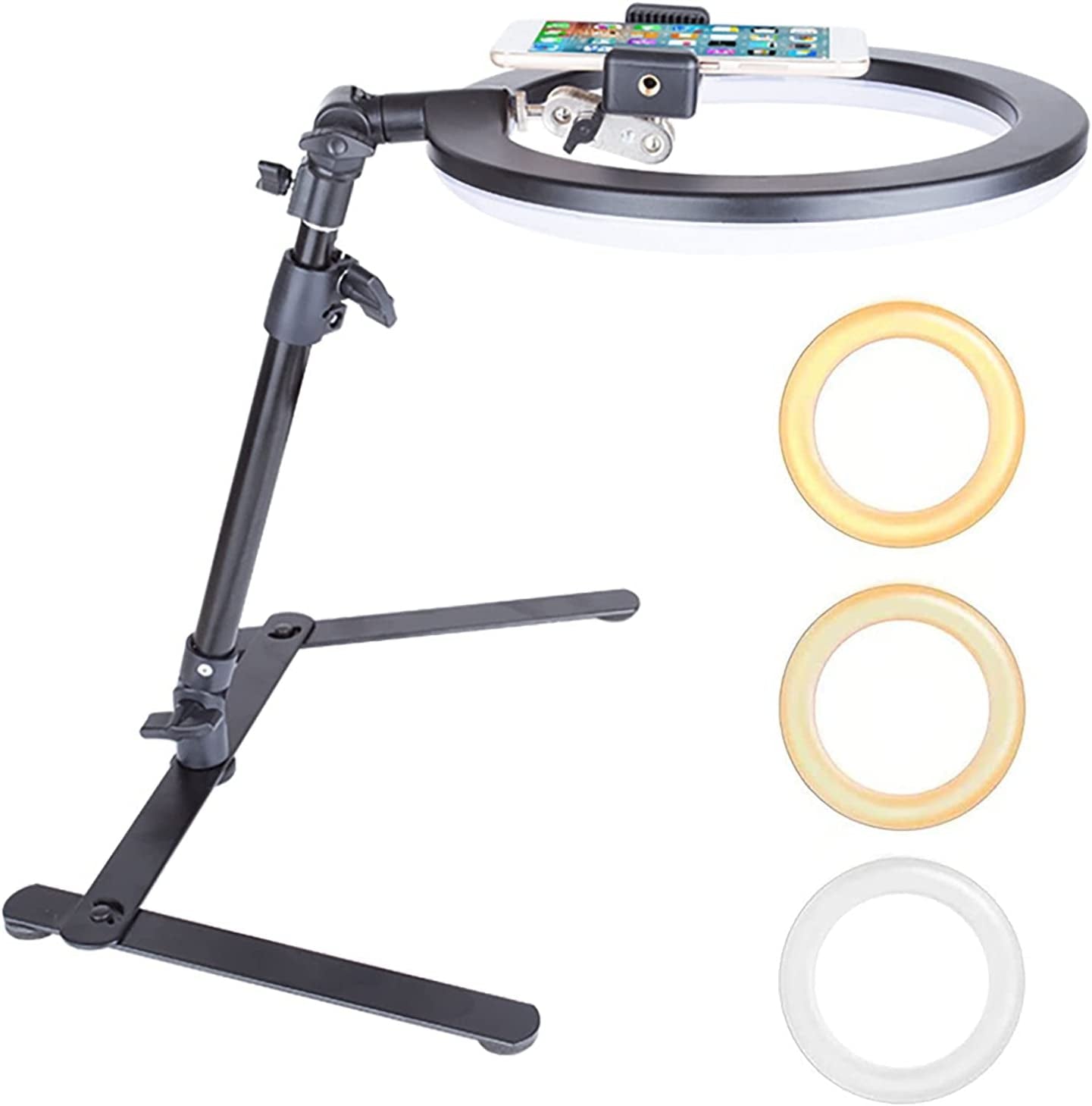 Fonrest LED Ring Light with Stretchable Tripod Stand Selfie Stick, 6-Inch Dimmable Floor/Table Annular Lamp for Selfie, Makeup, Live Stream, Youtube, Vlog, Camera/Phone Video Shooting USB Plug  FONREST Black-10''  