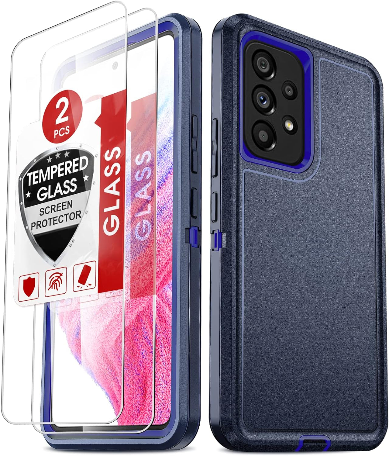 Leyi for Galaxy A53 5G Case: 3-In-1 Rugged Defender Protection with 2 Tempered Glass Screen Protectors, Shockproof & Dustproof - Black  LeYi Blue  