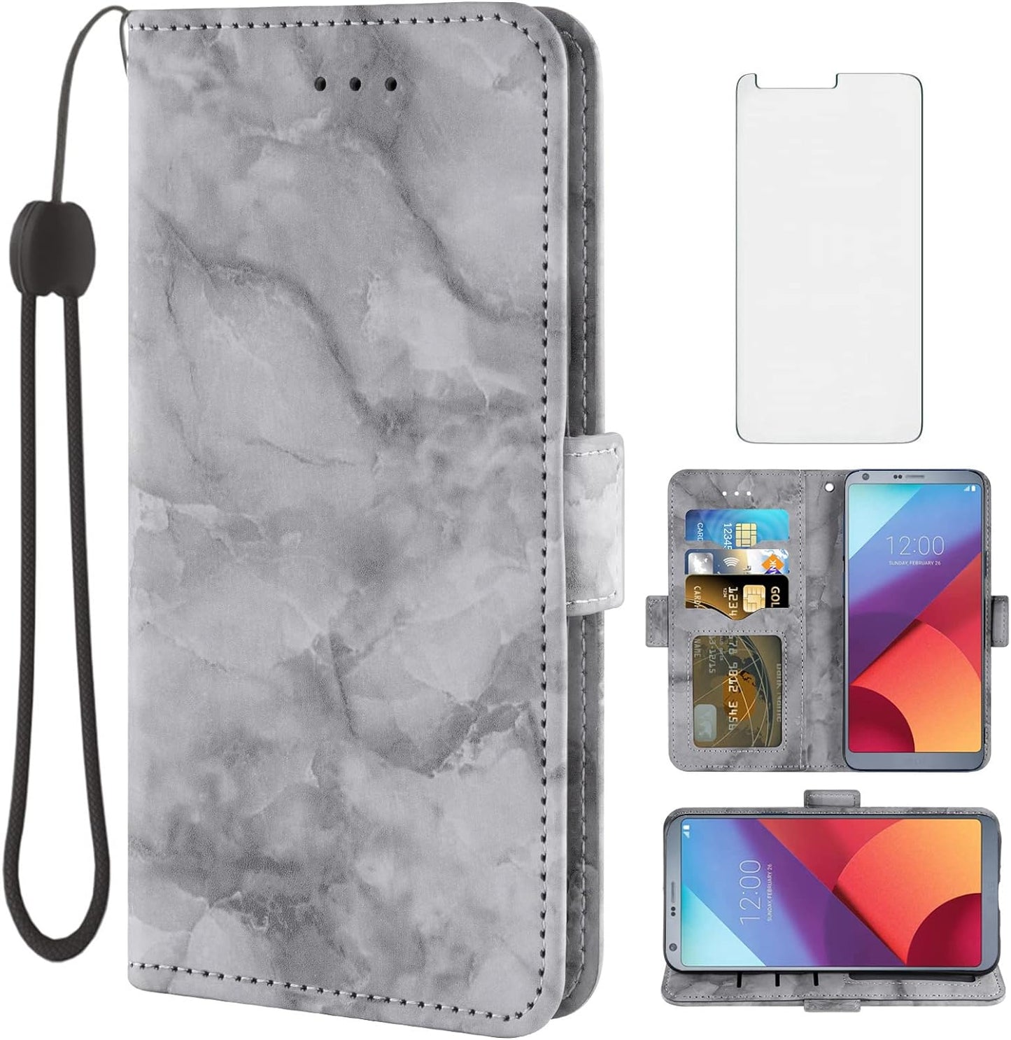 Asuwish Compatible with LG G6 Case and Tempered Glass Screen Protector Cell Accessories Card Holder Slot Kickstand Marble Wallet Phone Cover for LGG6 Thinq LG6 Thin Q G 6 plus G6+ 6G VS988 H872 Pink  Asuwish Black  