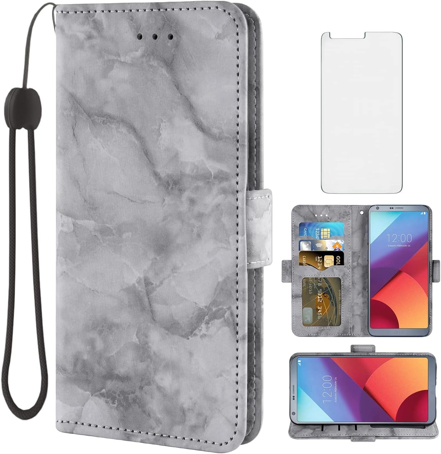 Asuwish Compatible with LG G6 Case and Tempered Glass Screen Protector Cell Accessories Card Holder Slot Kickstand Marble Wallet Phone Cover for LGG6 Thinq LG6 Thin Q G 6 plus G6+ 6G VS988 H872 Pink  Asuwish Black  