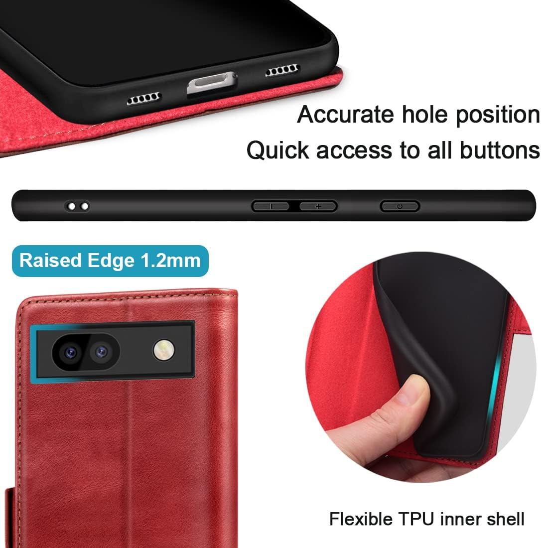 Kezihome Case for Google Pixel 7A, Genuine Leather Wallet Case with Card Holder [RFID Blocking] Kickstand Flip Protective Heavy Duty Phone Cover for Google Pixel 7A 5G 2023 (Red/Brown)  KEZiHOME   