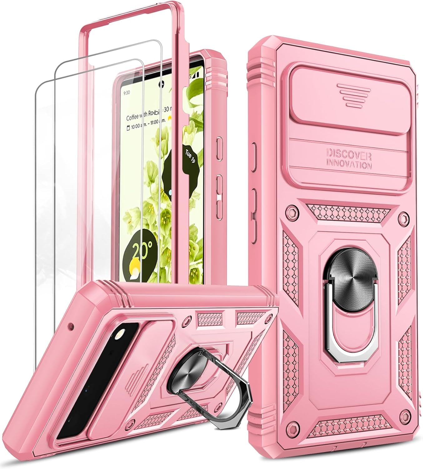 Leyi for Google Pixel 6 Case: Case for Pixel 6 with Slide Camera Cover + [2 Packs] Tempered Glass Screen Protector, 360 Full Body Military-Grade Phone Case with Kickstand for Google Pixel 6, Red  LeYi Pink Google Pixel 6 