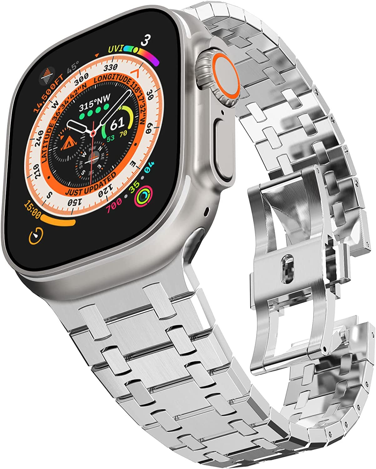 CHANCHY Stainless Steel Band for Apple Watch Ultra Band 49Mm 45Mm 44Mm 42Mm 38Mm 40Mm 41Mm, Metal Strap with Folding Clasp for Apple Watch Series 8 7 6 5 4 3 2 1 SE Men (Black, 49Mm 45Mm 44Mm 42Mm)  CHANCHY AB-Silver 42mm/44mm/45mm/Ultra 49mm 