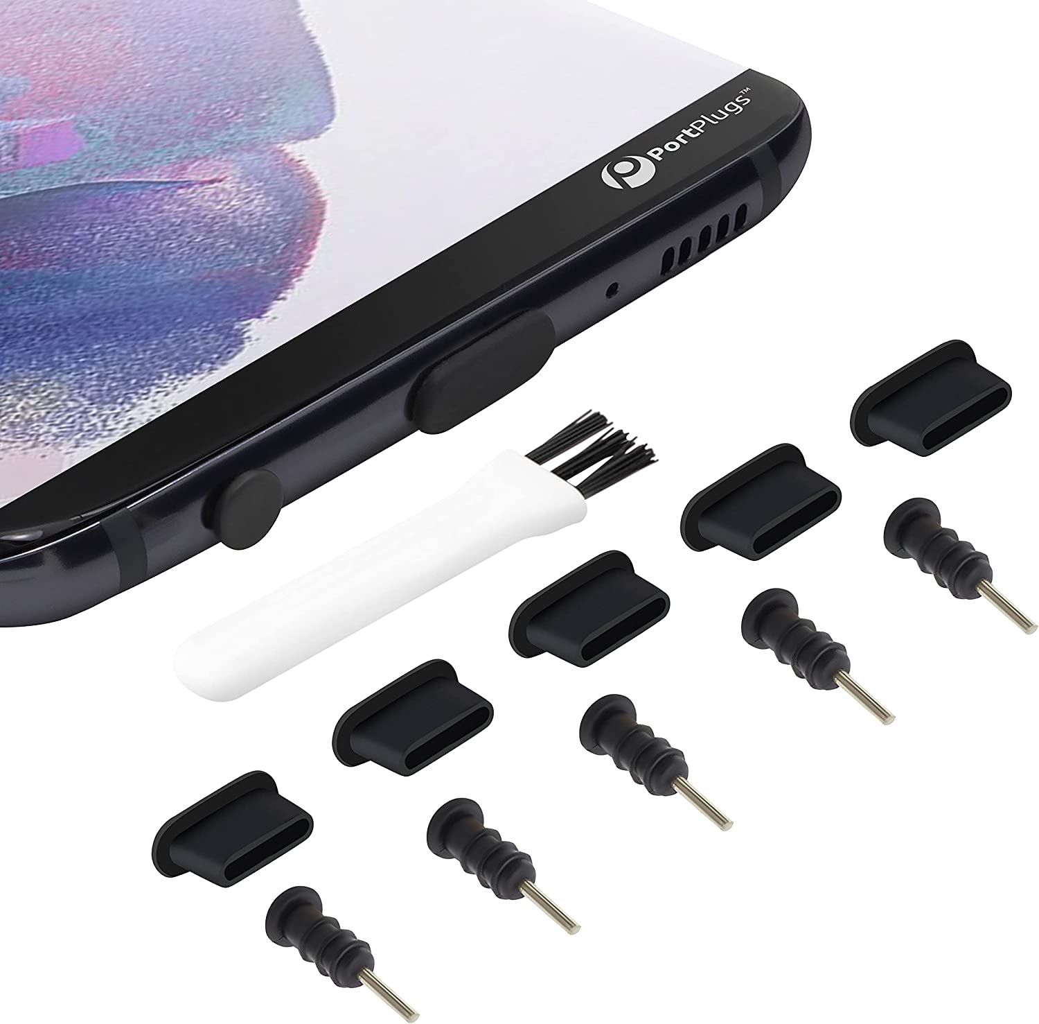 Portplugs USB C Dust Plug Set (5 Pairs) Compatible with Samsung Galaxy, Note, Pixel, Android Cell Phones, Macbook & More, Type-C Covers W/Headphone Plugs and Cleaning Brush (Black)  PortPlugs   