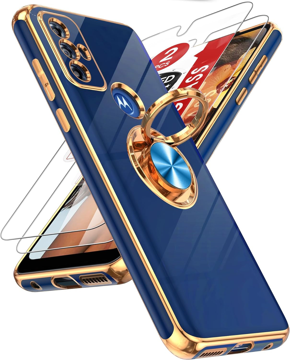 Leyi for Moto G Play 2023 Phone Case: with Tempered Glass Screen Protector [2 Pack] 360° Rotatable Ring Holder Magnetic Kickstand, Plating Rose Gold Edge Protective Case, Black  LeYi Blue  