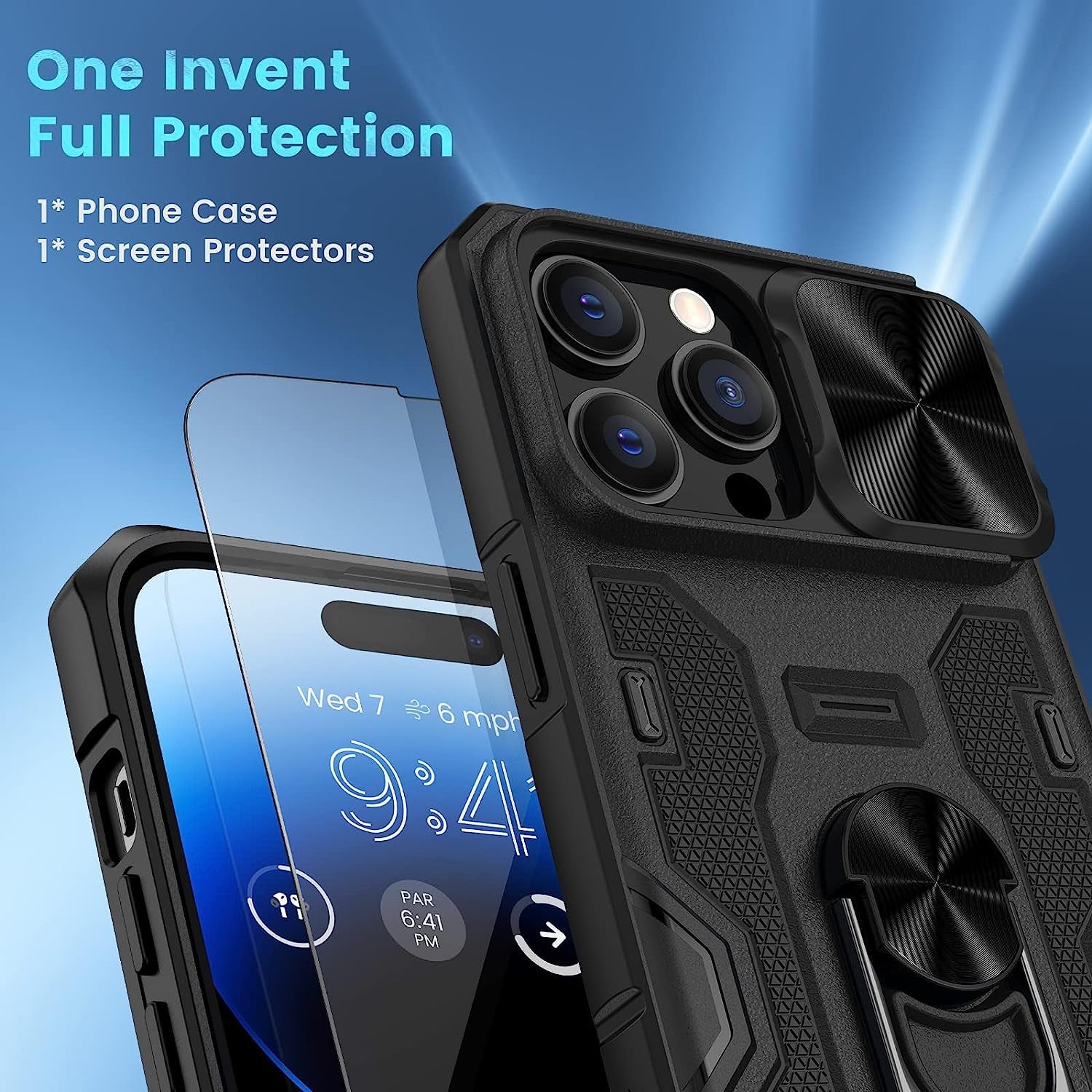 NULETO Case with Screen Protector & Stand & Slide Camera Cover, Full-Body Rugged Shockproof Protective Cover for Iphone 14 Pro Max Built-In 360° Rotate Ring Kickstand - Black  Nuleto   