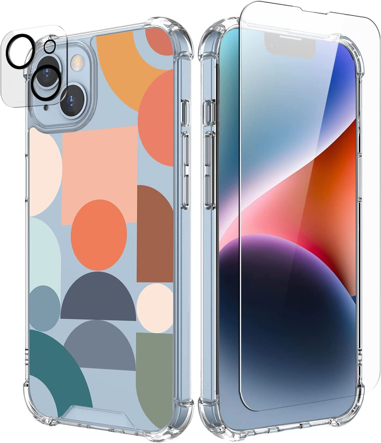 Cutebe [3 in 1 Crystal Phone Case for Iphone 13(2021)/Iphone 14(2022) 6.1", Cute Protective Cover with 9H Temper Glass Screen Protector + HD Temper Camera Lens Protector for Women, Girls  Cutebe Modern Shapes iPhone 13/14 Case 6.1 Inch 