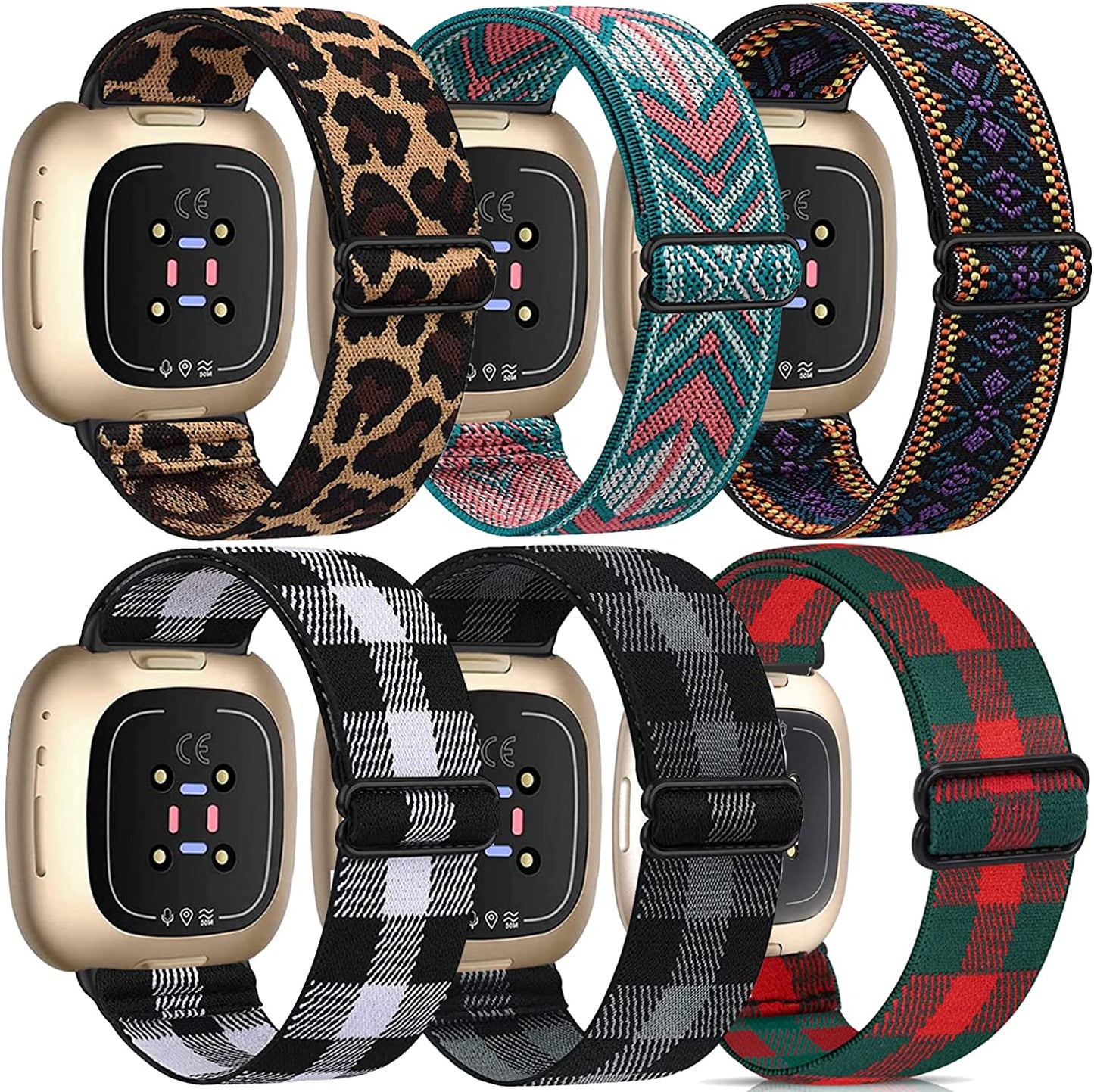6 Packs Elastic Nylon Bands Compatible with Fitbit Versa 4 / Fitbit Sense 2 / Fitbit Versa 3 / Fitbit Sense, Adjustable Nylon Replacement Straps Wristband for Fitbit Versa 3/4 for Women Men  HUYIIO Leopard+Arrow+Boho Purple+Green Red+Black Gray+Black White  