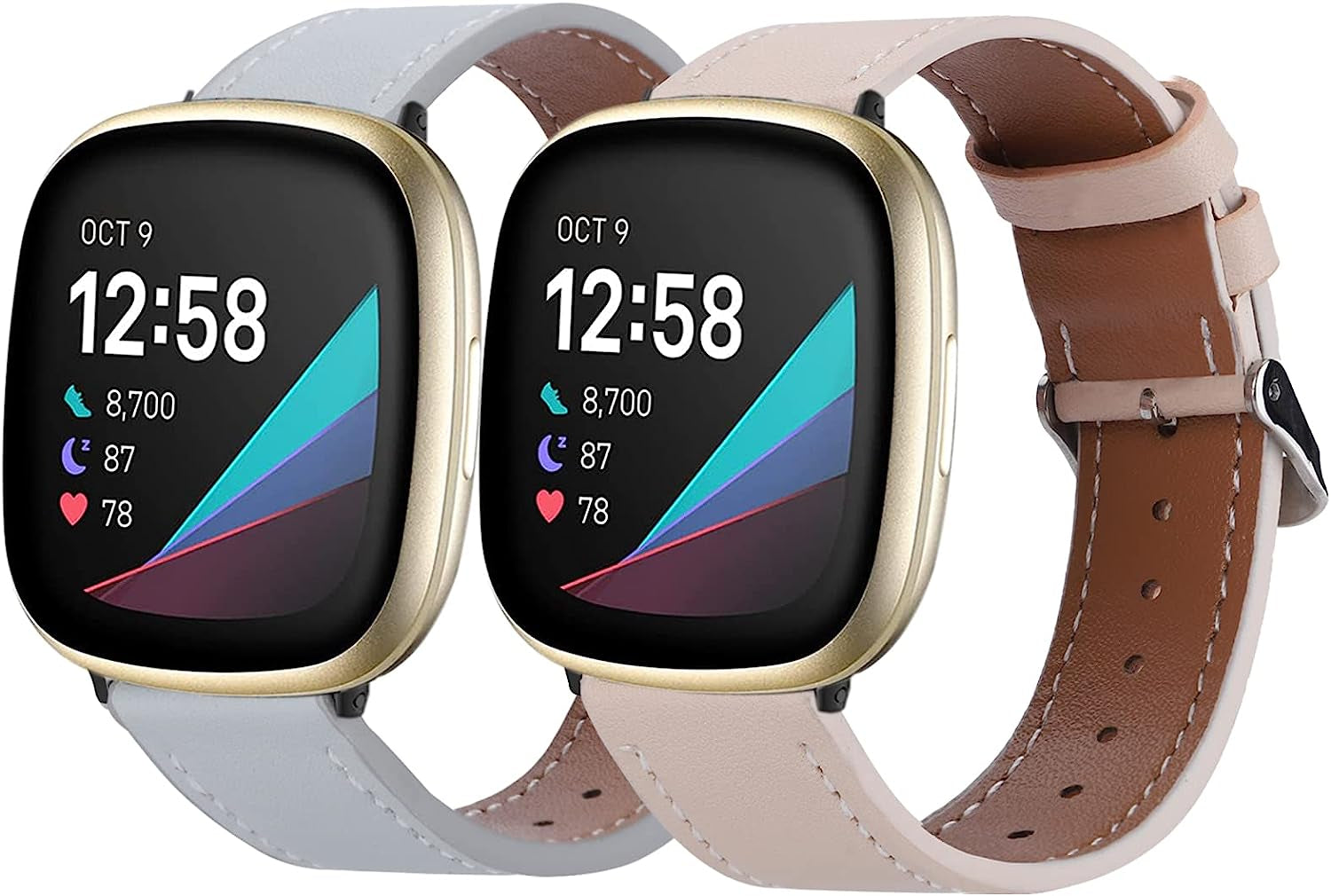2 Pack Leather Bands Compatible with Fitbit Versa 3 Bands/Fitbit Sense Bands for Women Men, Classic Soft Leather Replacement Wristbands Strap for Fitbit Versa 3 / Fitbit Sense  POHNUI Apricot & Grey  