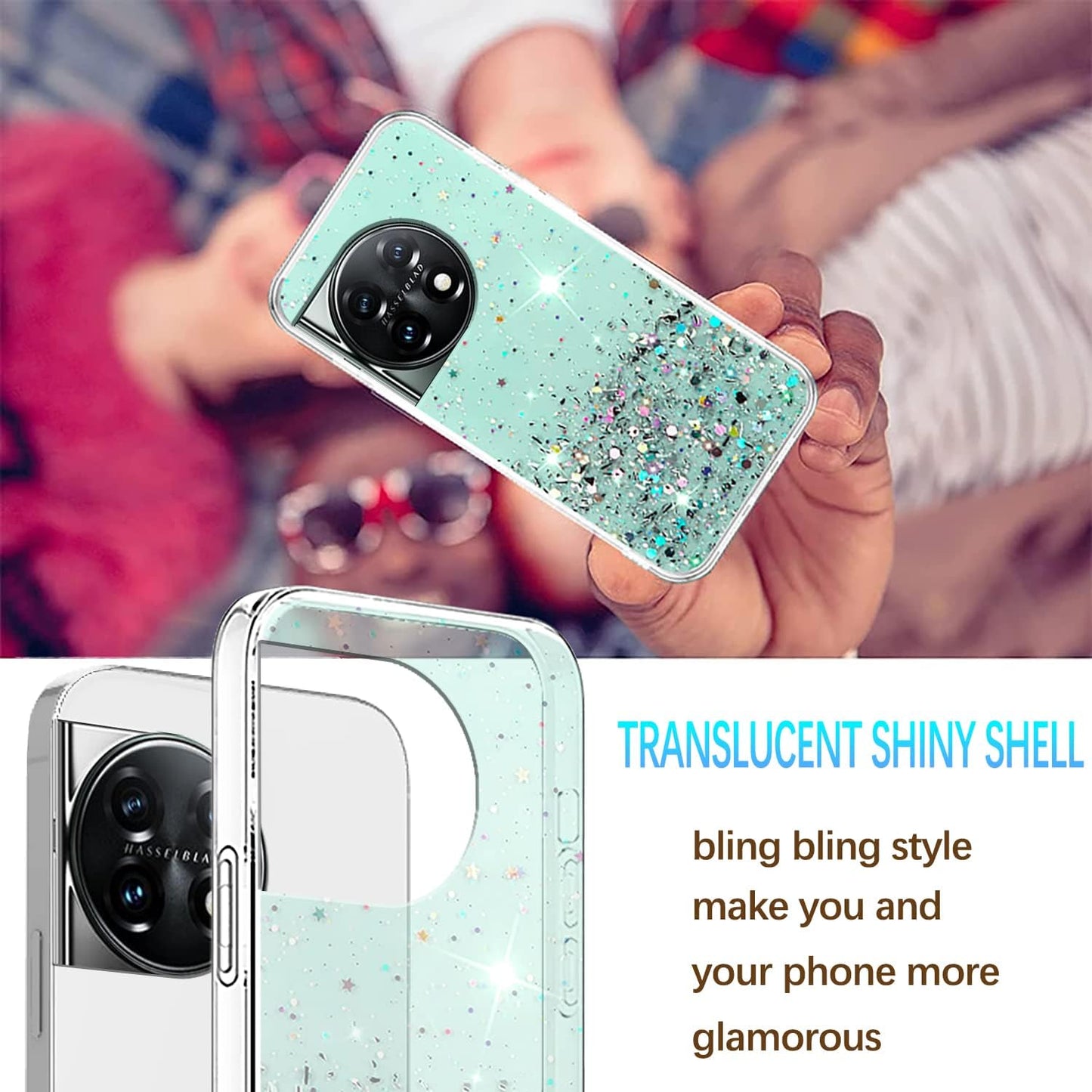 Compatible with Oneplus 11 Case Glitter Clear Green, Oneplus 11 Phone Case Silicone Transparent Soft TPU Women Girls Shockproof Protective Slim Cover (Green)  Wousunly   
