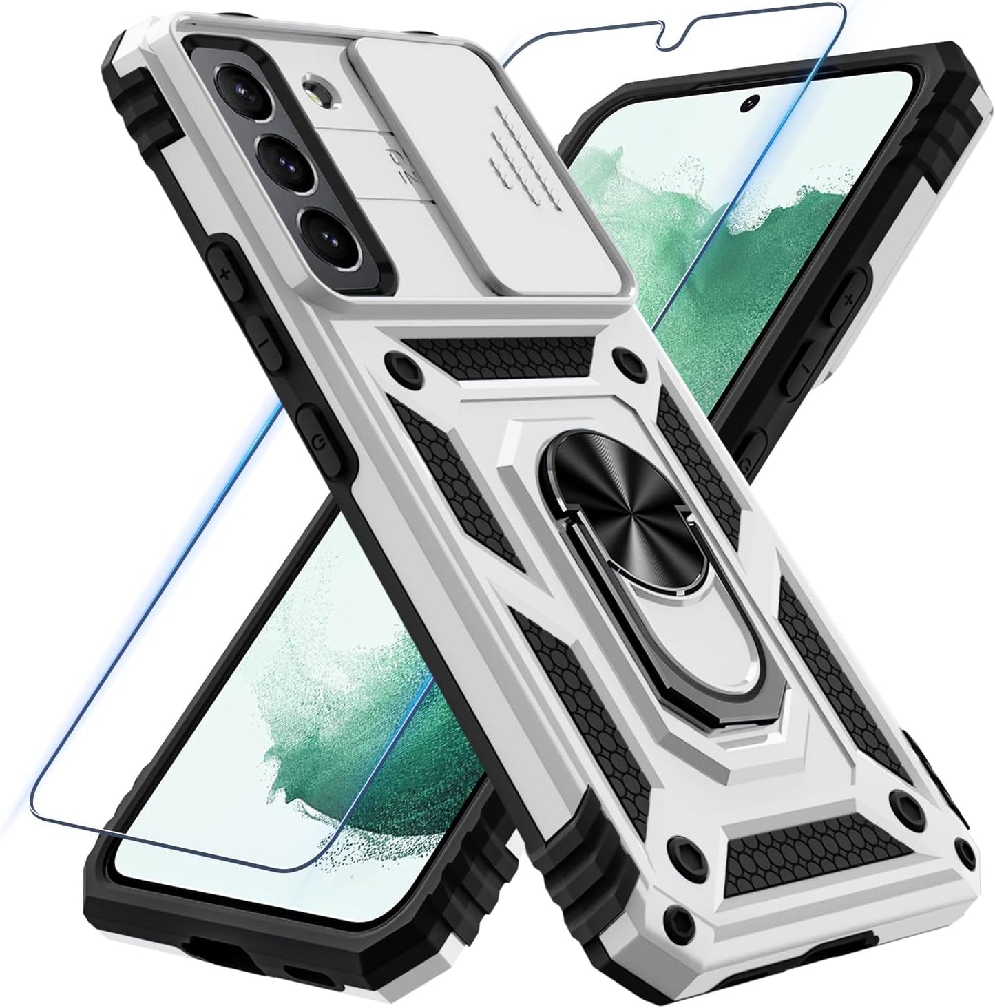 Samsung Galaxy S22 Case with Screen Protector Tempered Glass [Not for S22+] ,Heavy Duty Shockproof Full Body Phone Cover[Dual Layer][Hard PC Back],Built in Finger Ring Stable Kickstand,2022 Black  Janmitta B-Silver  