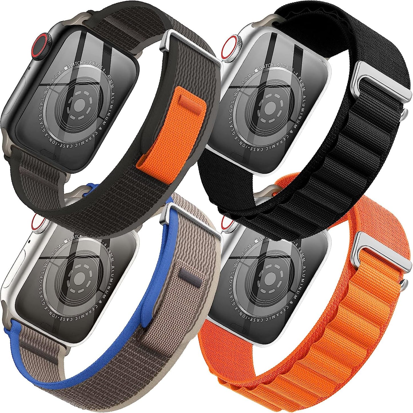 4 Pack Alpine Loop Nylon Band Compatible with Apple Watch Band 42Mm 44Mm 45Mm 49Mm Women Men, Adjustable with Metal G-Hook Strap for Iwatch Ultra Series SE 8/7/6/5/4/3/2/1,Black/Orange/Starlight/Green  FnKer Black/Orange/Black/Blue 42/44/45/49mm 