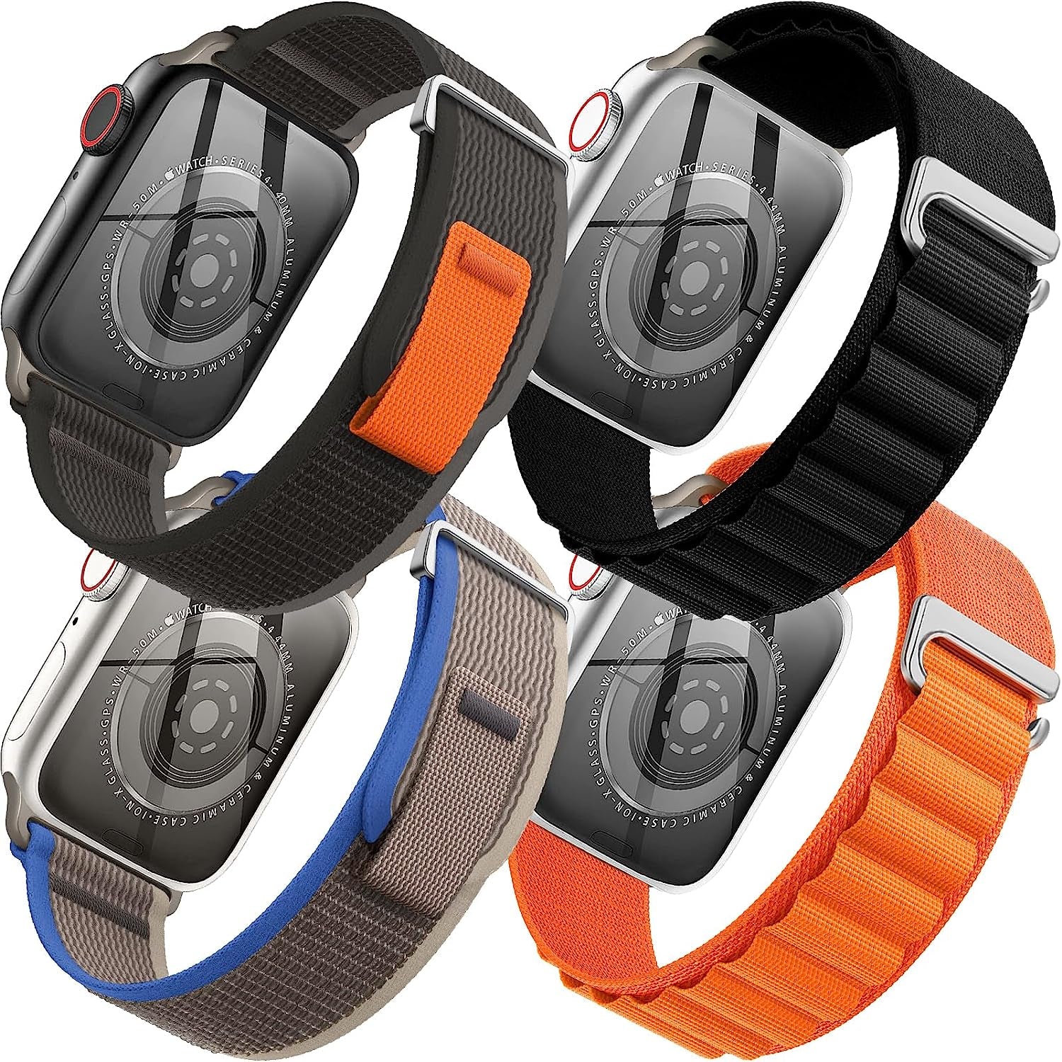 4 Pack Alpine Loop Nylon Band Compatible with Apple Watch Band 42Mm 44Mm 45Mm 49Mm Women Men, Adjustable with Metal G-Hook Strap for Iwatch Ultra Series SE 8/7/6/5/4/3/2/1,Black/Orange/Starlight/Green  FnKer Black/Orange/Black/Blue 42/44/45/49mm 
