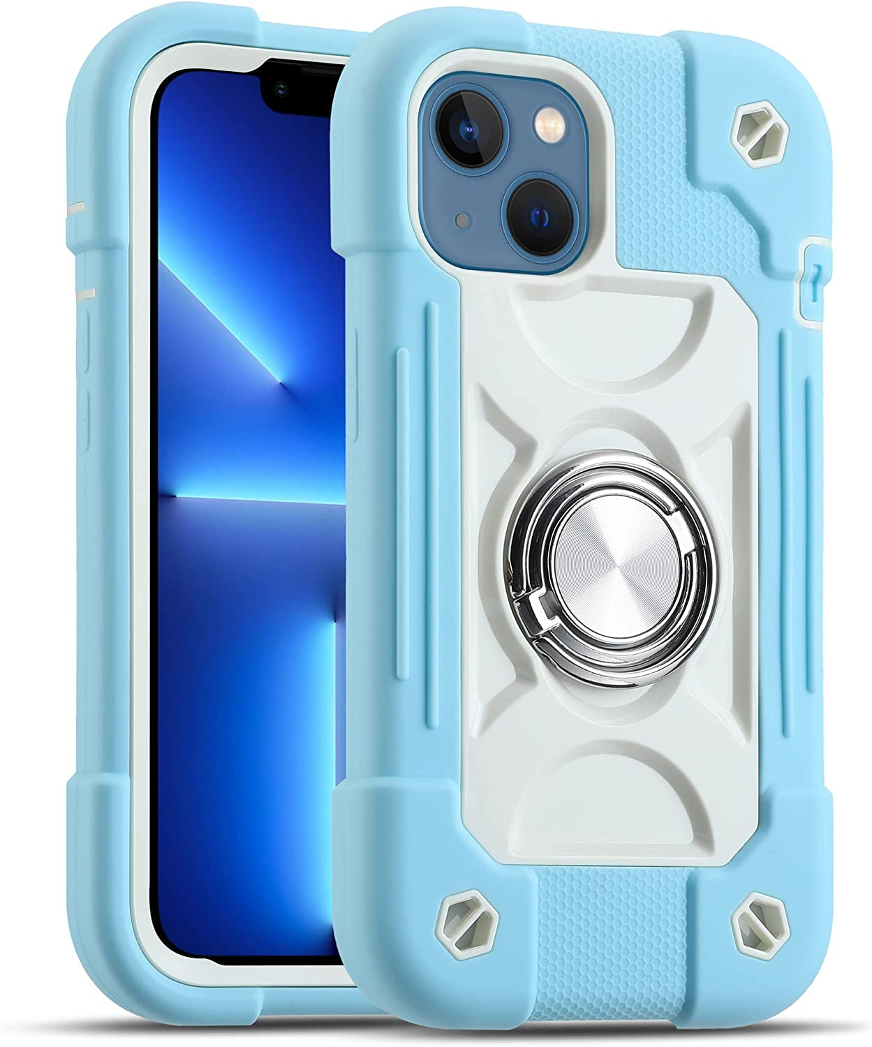 MARKILL Compatible with Iphone 14 Case/Iphone 13 Case 6.1 Inch with Built-In 360°Rotating Ring Stand, Military Grade Drop Protection Full Body Rugged Heavy Duty Protective Durable Cover. (Guava)  MARKILL Ice Blue  
