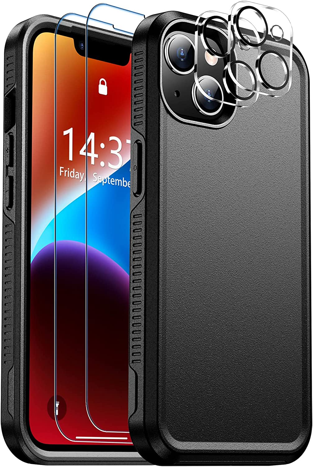 Justcool Designed for Iphone 14 plus Case, [Crystal Clear Not Yellowing] with [2 Pcs Tempered Glass Screen Protectors & 2 Pcs Camera Lens Protector] Slim Thin Protective Phone Case (Clear)  Justcool Black Iphone 14 Plus 