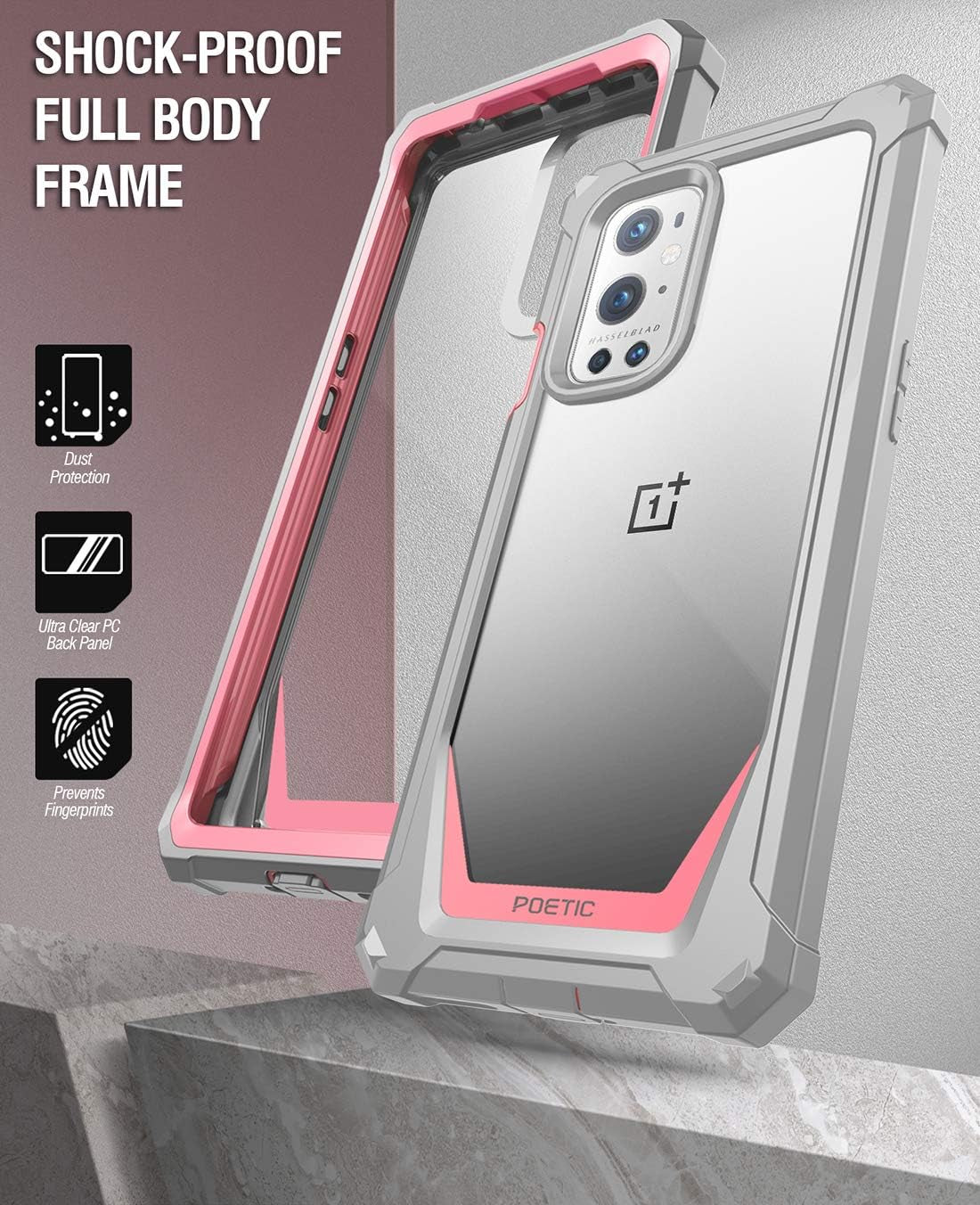 Poetic Guardian Case Designed for Oneplus 9 Pro 5G, Built-In Screen Protector Work with Fingerprint ID, Full Body Hybrid Shockproof Bumper Cover Case, Pink/Clear  Poetic   