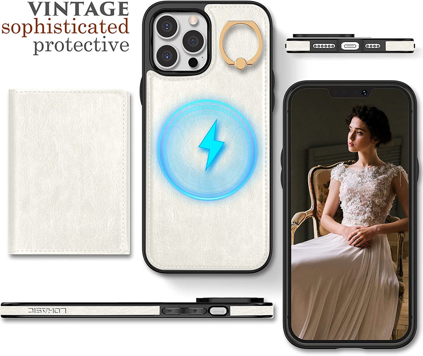 LOHASIC for Iphone 13 Pro Max Wallet Case, Compatible with Mag-Safe, 6 Card Holder Phone Cover Women, Ring Stand, Magnetic Wireless Charging, Detachable Back Leather Credit Slot, 6.7 Inch - White  LOHASIC   