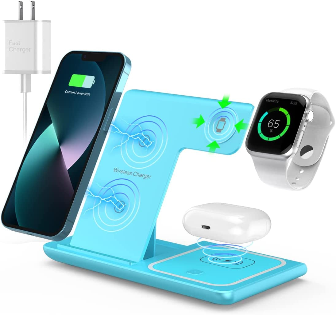 Wireless Charger,Anylincon 3 in 1 Charger Station for Apple Iphone/Iwatch/Airpods,Iphone 14,13,12,11 (Pro, Pro Max)/Xs/Xr/Xs/X/8(Plus),Iwatch 7/6/Se/5/4/3/2,Airpods 3/2/Pro  XuHui Blue  