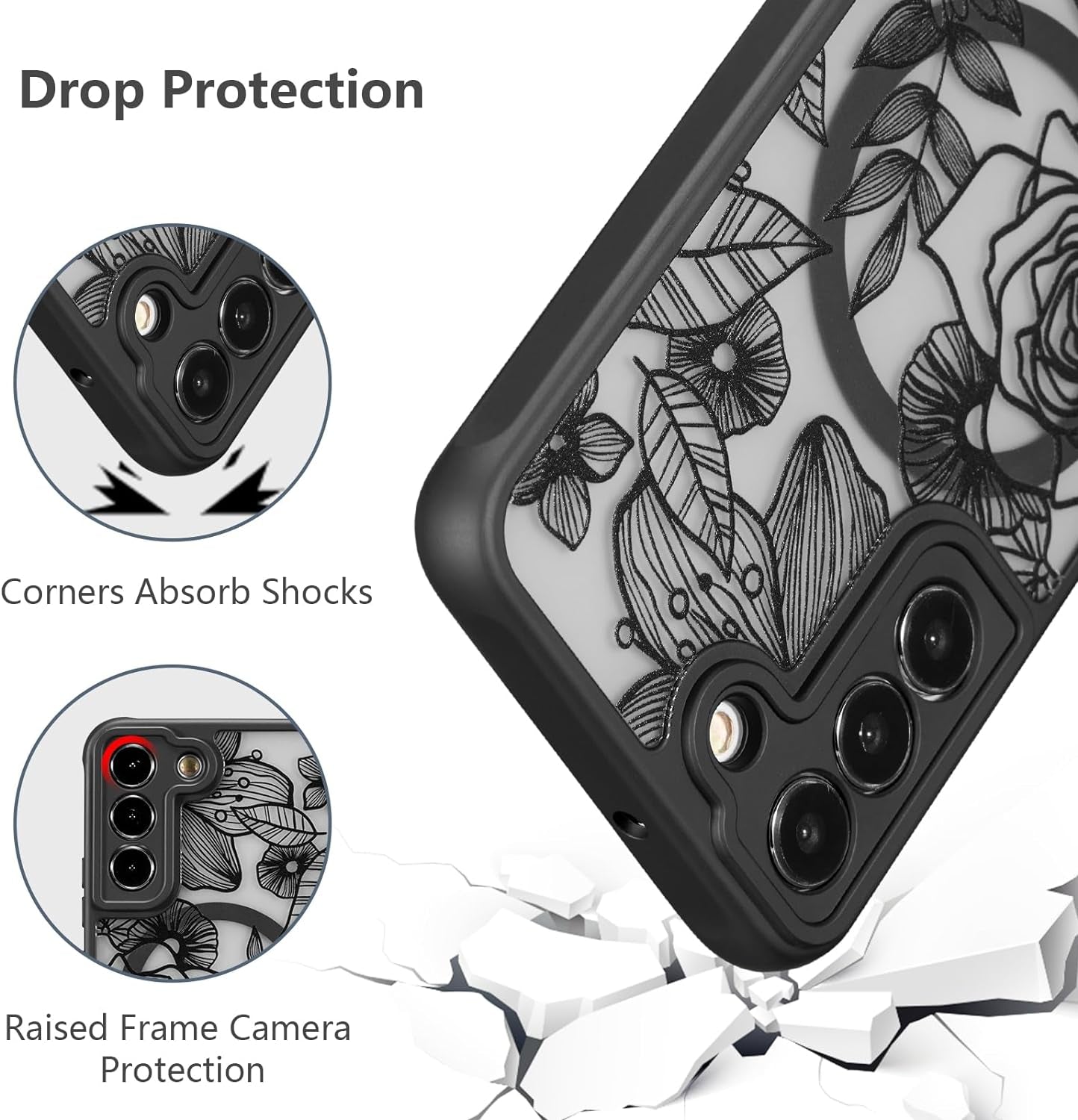 XIZYO Magnetic Case for Samsung Galaxy S22 plus Floral Rose Cute Phone Case [Compatible with Magsafe] for Women Girls Aesthetic Pattern Slim TPU Shockproof Bumper Case, Black  XIZYO   