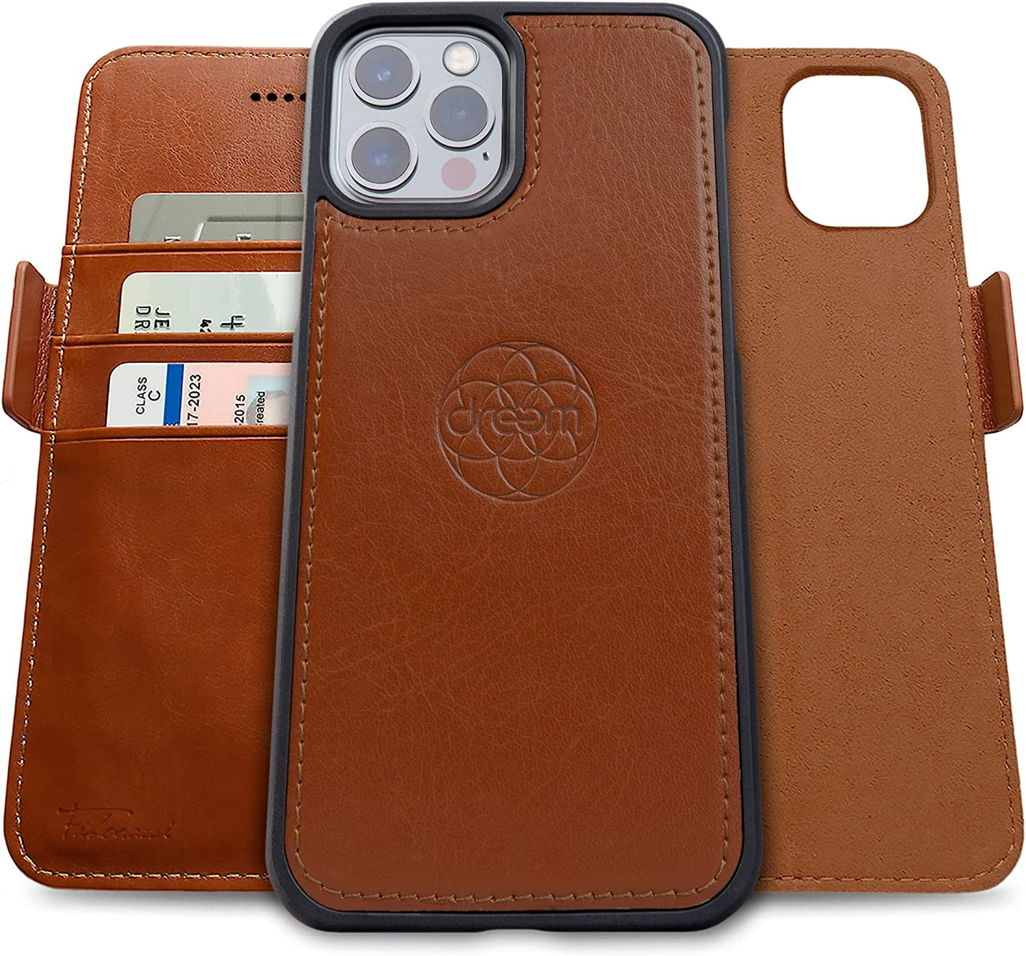 Dreem Fibonacci 2-In-1 Wallet Case for Apple Iphone 13 Pro Max - Luxury Vegan Leather, Magnetic Detachable Shockproof Phone Case, RFID Card Protection, Magsafe Compatible - Coffee  Dreem Caramel iPhone 13 Pro Max 
