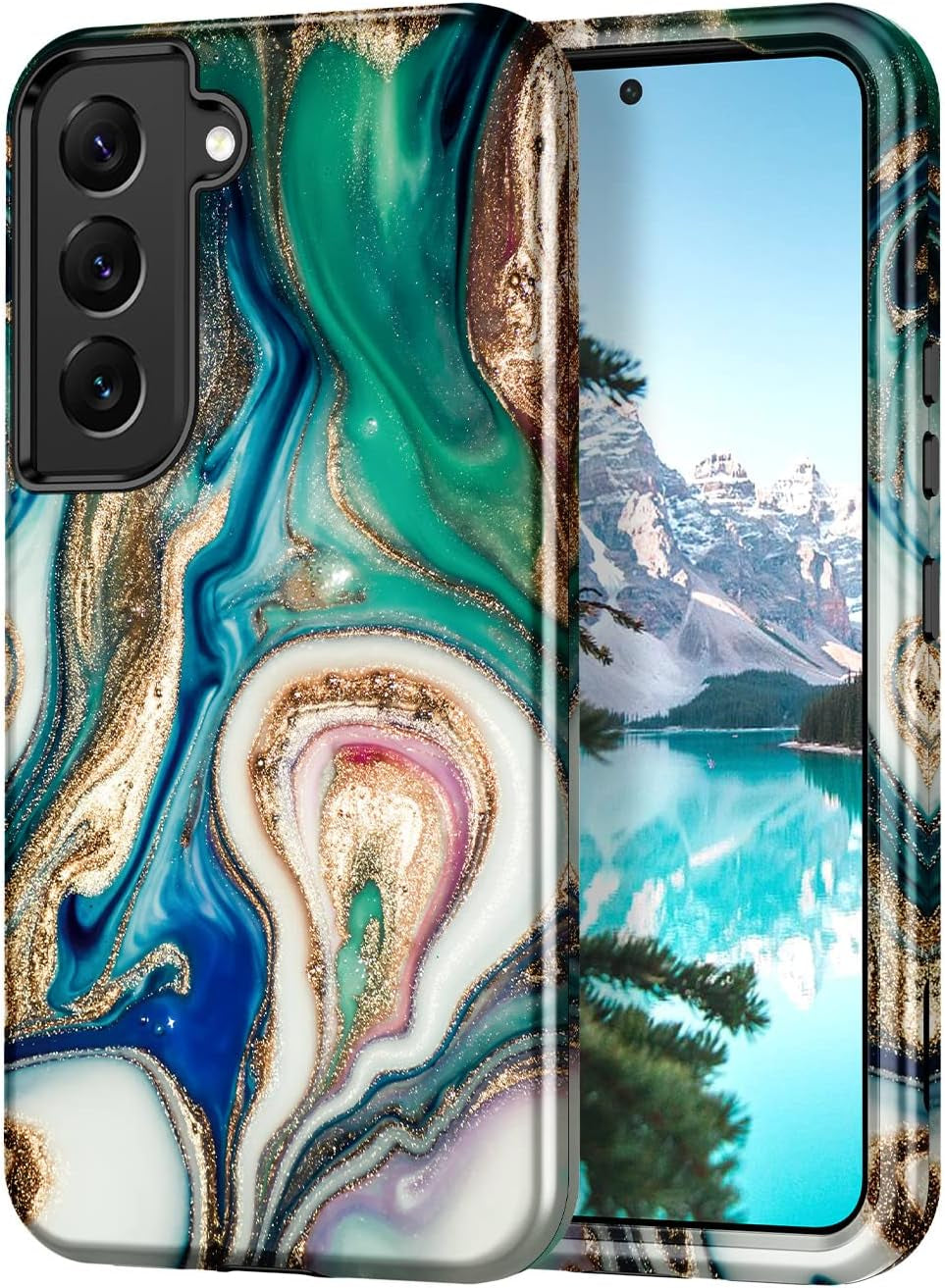Galaxy S21 plus Case: Marble Pattern 3-In-1 Heavy Duty Shockproof with Rugged Hard PC & Soft Silicone, Rose Gold  Btscase Blue/Drift Sand  