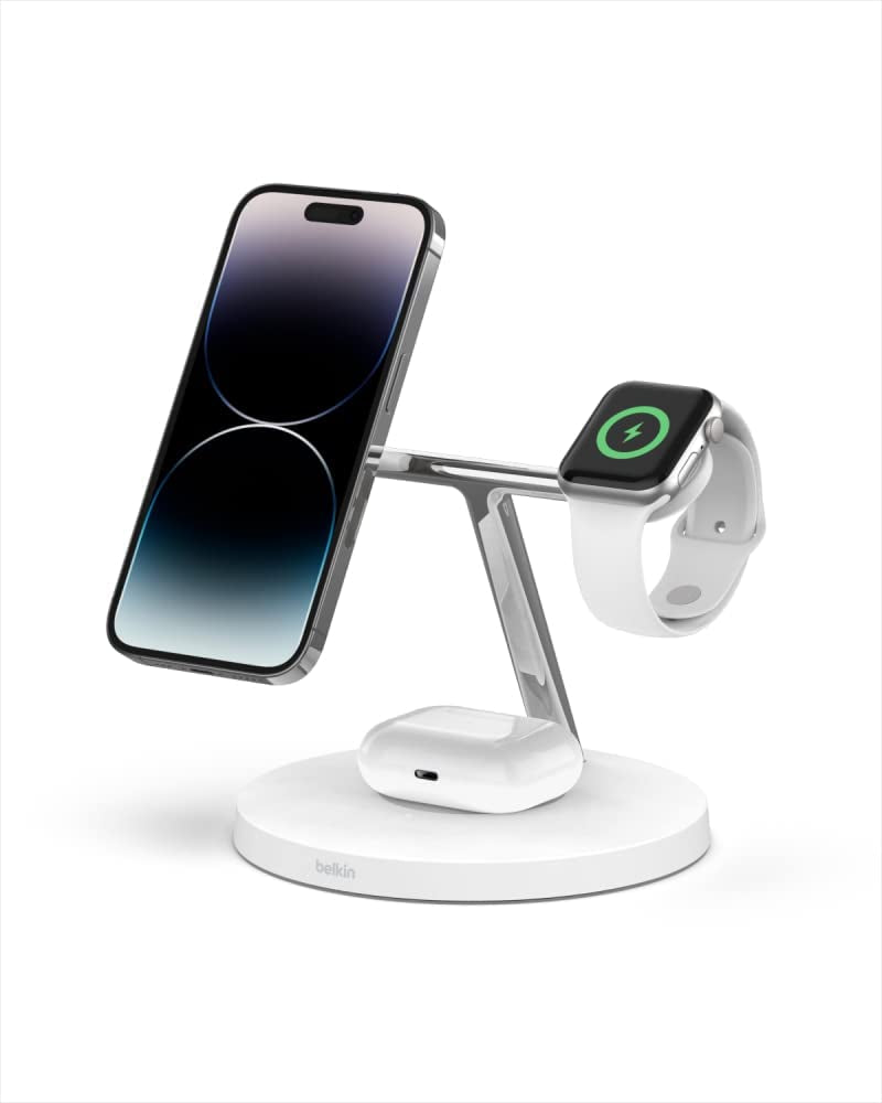 Belkin Magsafe 3-In-1 Wireless Charging Stand - 2ND GEN W/ 33% Faster Wireless Charging for Apple Watch - Iphone 14, 13 & 12 Series & Airpods - Magsafe Charging Station for Multiple Devices - Black  Belkin White 3 in 1 Stand (Old) 