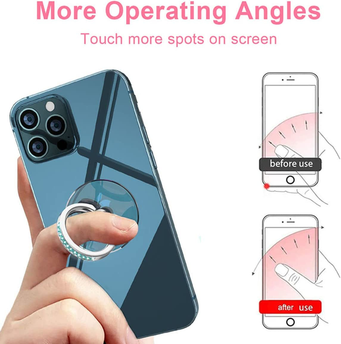 4 Pcs Kutumyqc Cell Phone Ring Holder Stand Diamond Transparent Finger Grip Clear 360° Degree Rotation Kickstand Compatible Iphones and All Phones (Silver Pink Blue Aquamarine)  KutumyQC   