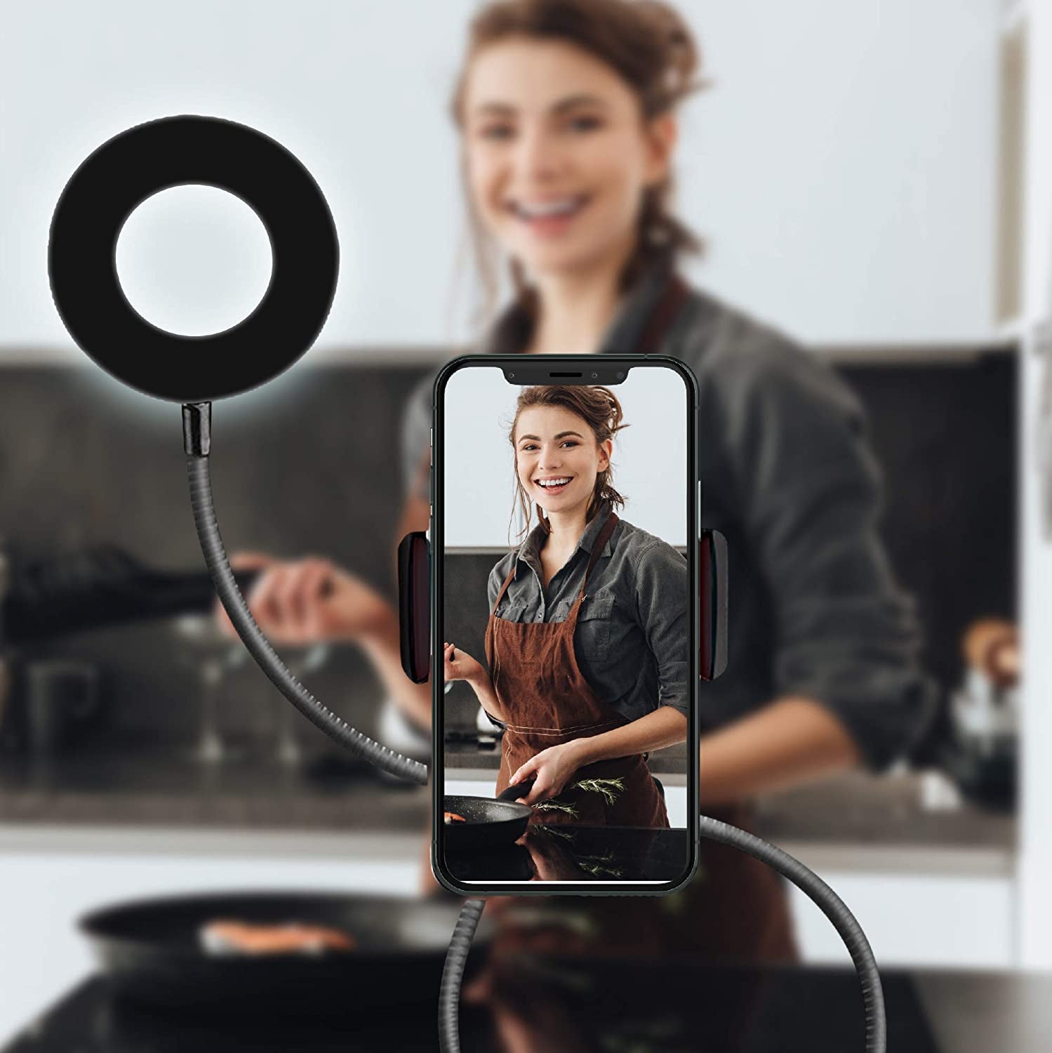 TALK WORKS Selfie Ring Light Cell Phone Holder Compatible W/Iphone 13/13 Pro/13 Pro Max/14/14 Plus/14 Pro/14 Pro Max - Flexible Clip USB LED Stand for Live Streaming W/ 10 Brightness Levels (Black)  MAP 140 (Talkworks)_Private Label (bounty)   