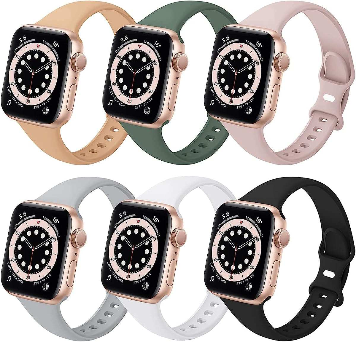 6 Pack Slim Sport Bands Compatible with Apple Watch Band 38Mm 40Mm 41Mm 42Mm 44Mm 45Mm 49Mm,Slim Soft Silicone Waterproof Strap Compatible with Iwatch Series Ultra 8 7 6 5 4 3 2 1 SE Women Men  SIV Milk Tea/Pine Green/Pink Sand/Gray/White/Black 42mm/44mm/45mm/49mm 