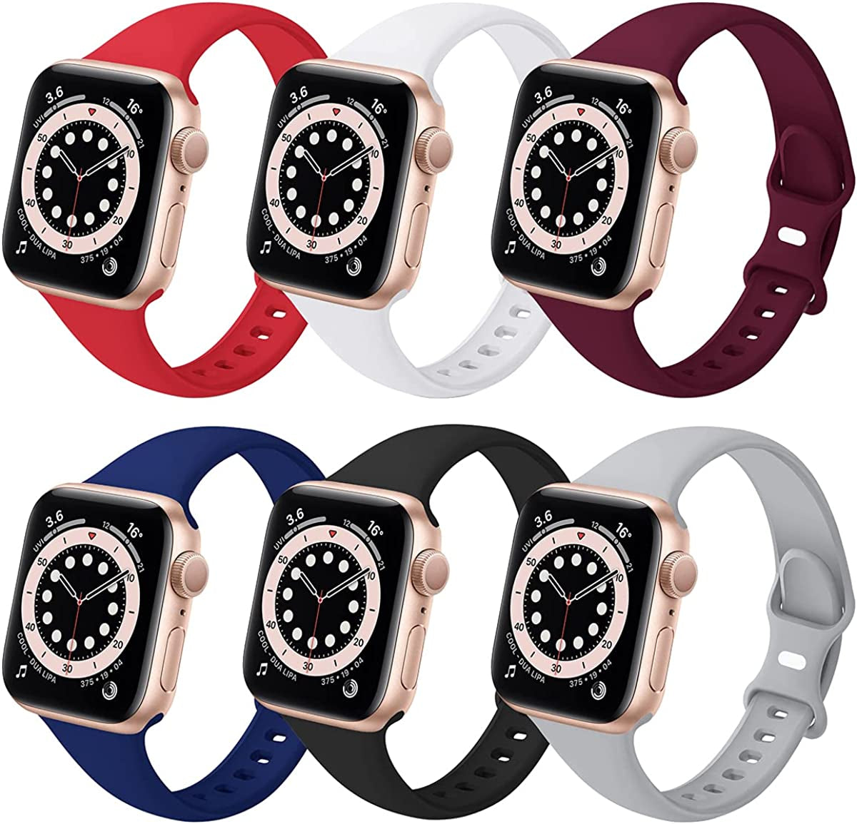 6 Pack Slim Sport Bands Compatible with Apple Watch Band 38Mm 40Mm 41Mm 42Mm 44Mm 45Mm 49Mm,Slim Soft Silicone Waterproof Strap Compatible with Iwatch Series Ultra 8 7 6 5 4 3 2 1 SE Women Men  SIV Red/White/Wine Red/Midnight Blue/Black/Gray 42mm/44mm/45mm/49mm 