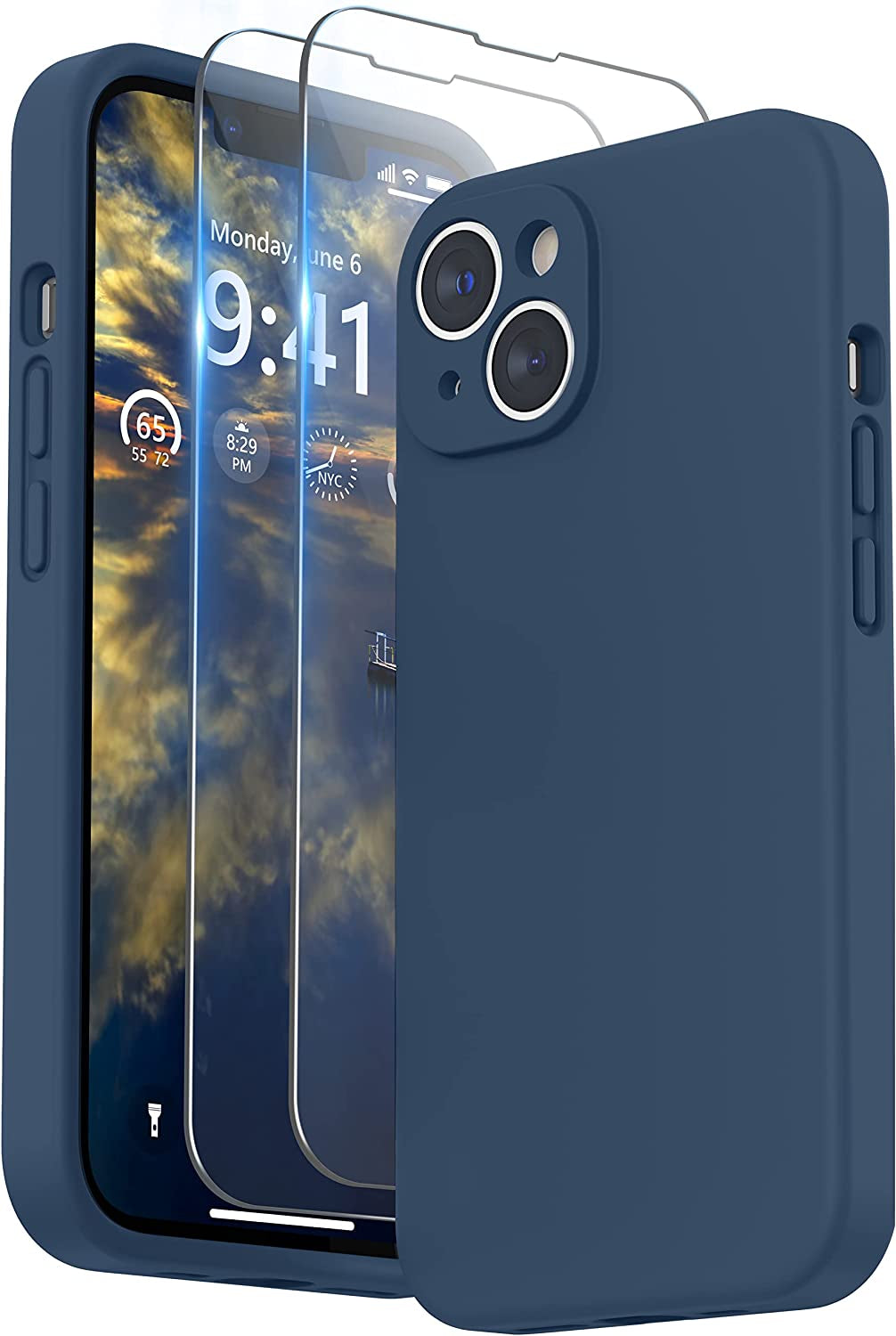 SURPHY Compatible with Iphone 14 Case with Screen Protector (Camera Protection + Soft Microfiber Lining) Liquid Silicone Phone Case 6.1 Inch 2022, Black  SURPHY Storm Blue  