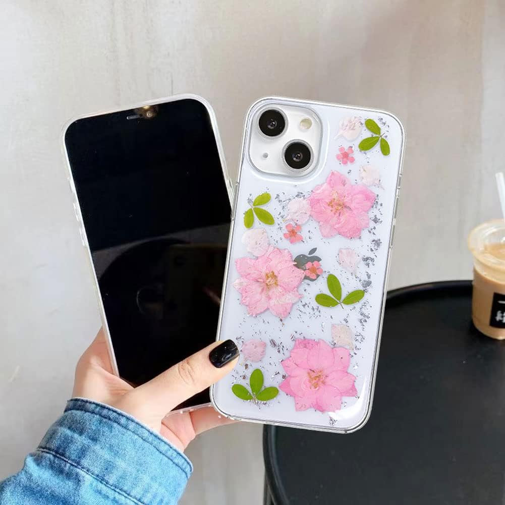 Abbery Designed for Iphone 13 Pressed Flower Case, Cute Clear with Design Bling Glitter Sparkle Soft TPU Transparent Dried Real Flower Floral Aesthetic Case for Women Girls (3 Pink Flower)  Abbery   