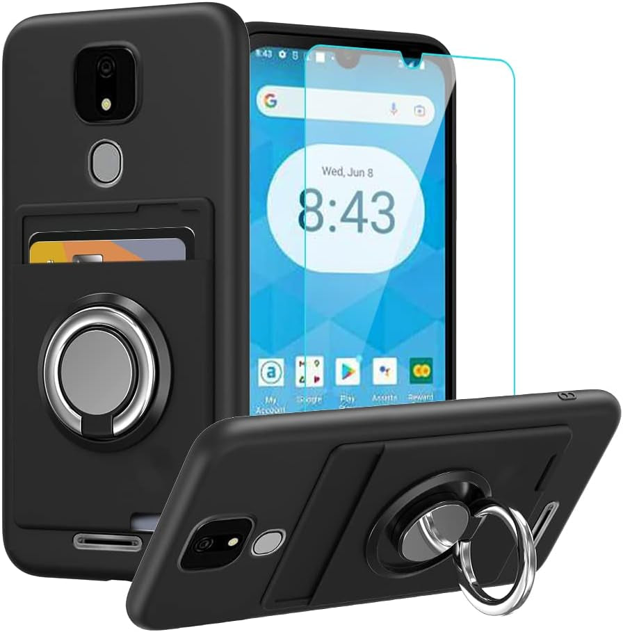 Anneey for Oneplus 11 5G Phone Case with Tempered Glass Screen Protector, Card Holder with Ring Stand Case for 1+ 11 5G Cover - Black  Anneey   