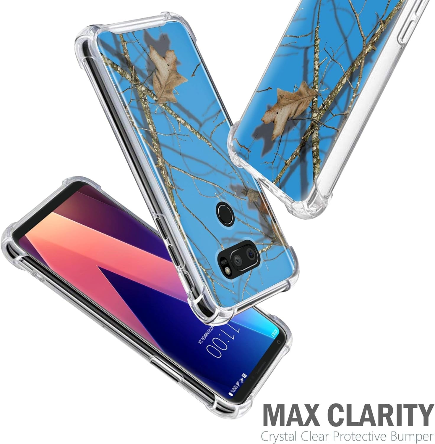 Casesondeck Blue Case Compatible with [LG V30 and LG V30S Thinq] Hunters Series Max Clarity Bumper, Hard Back Plate Soft TPU Edges for Max Protection (Blue Hunters Camo)  CasesonDeck   