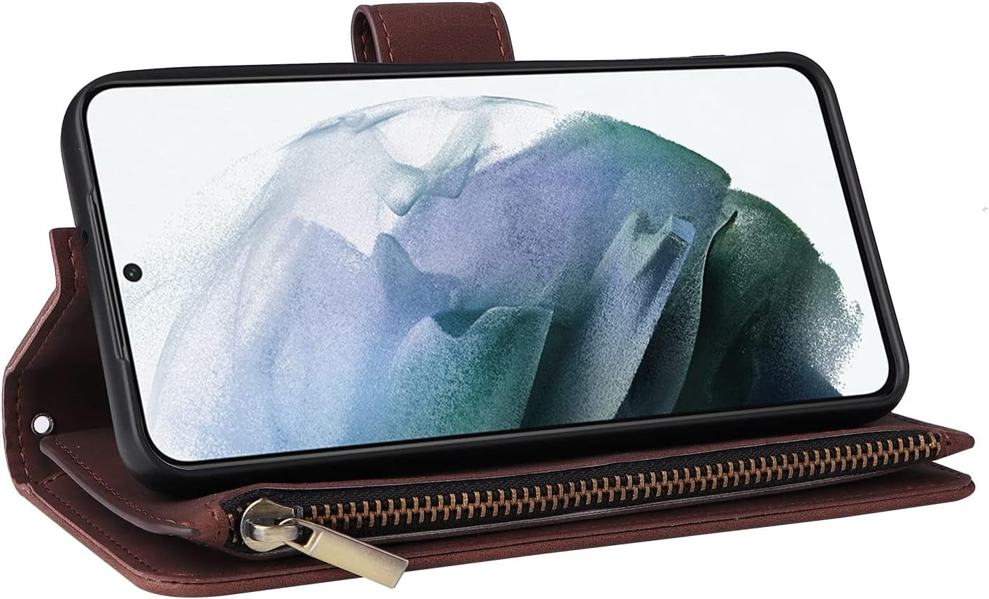 ZZXX Samsung Galaxy S22 Case Wallet with Card Slot Premium Soft PU Leather Zipper Flip Folio Wallet with Wrist Strap Kickstand Protective for Galaxy S22 Wallet Case(Coffee-6.1 Inch)  ZZXX   
