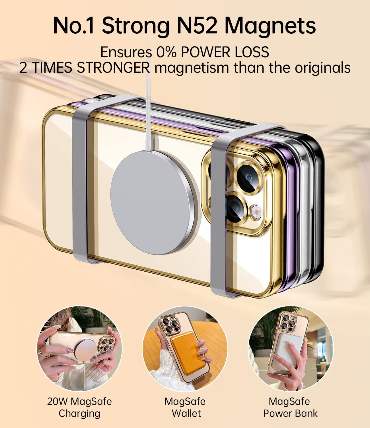 JUESHITUO Magnetic Clear for Iphone 14 Pro Max Case with Full Camera Protection [Never Yellow] [No.1 Strong N52 Magnets] [Military Grade Drop Protection] for Women Girls Phone TPU Case (6.7")-Golden  JUESHITUO   