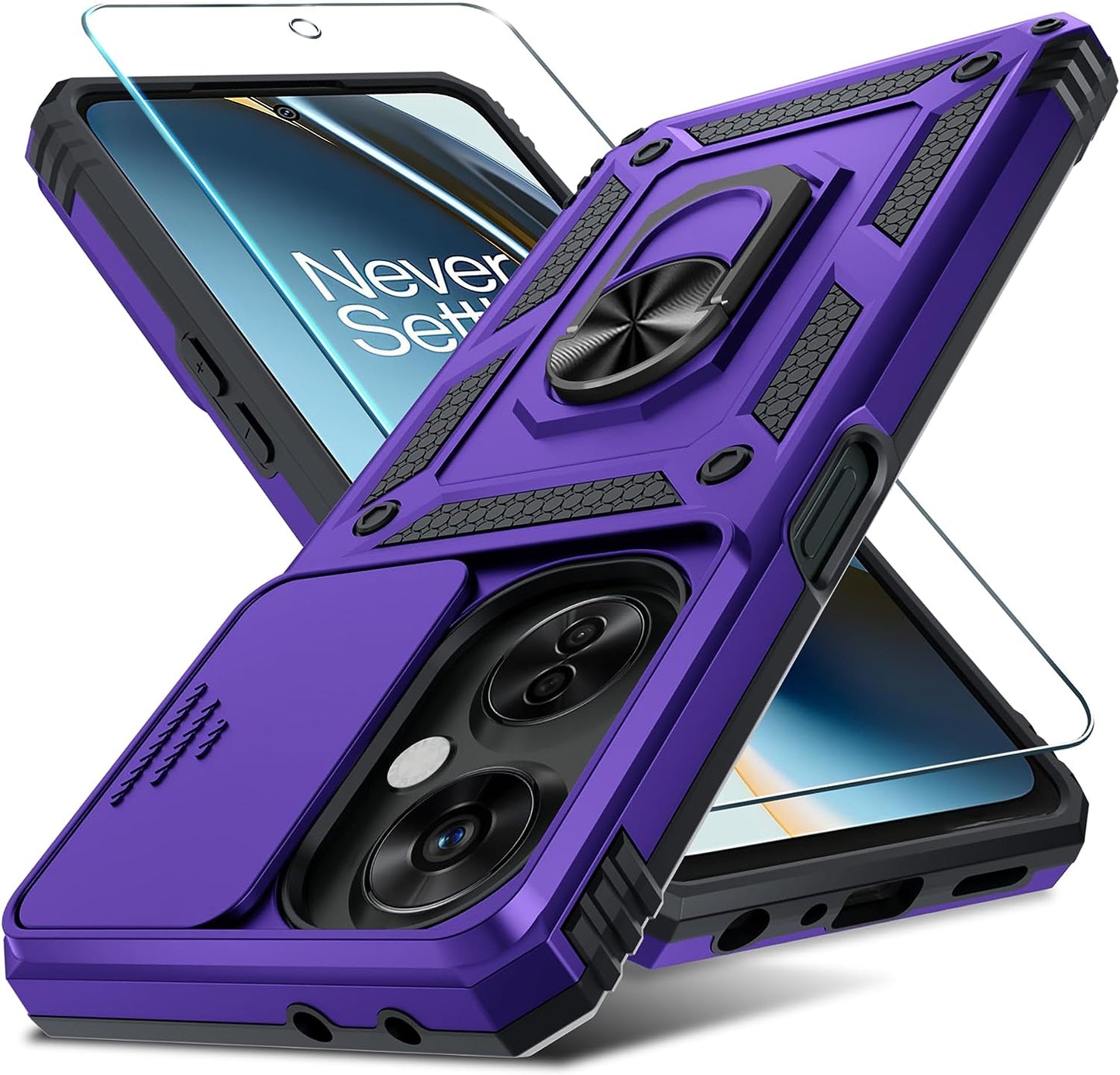 Janmitta Oneplus Nord N30 5G Case Built in Slide Camera Lens Cover+Screen Protector+Finger Ring Holder Kickstand,Heavy Duty Shockproof Full Body Protective Phone Cover,2023 Black  Janmitta Purple Oneplus Nord N30 5G(6.7 Inch) 