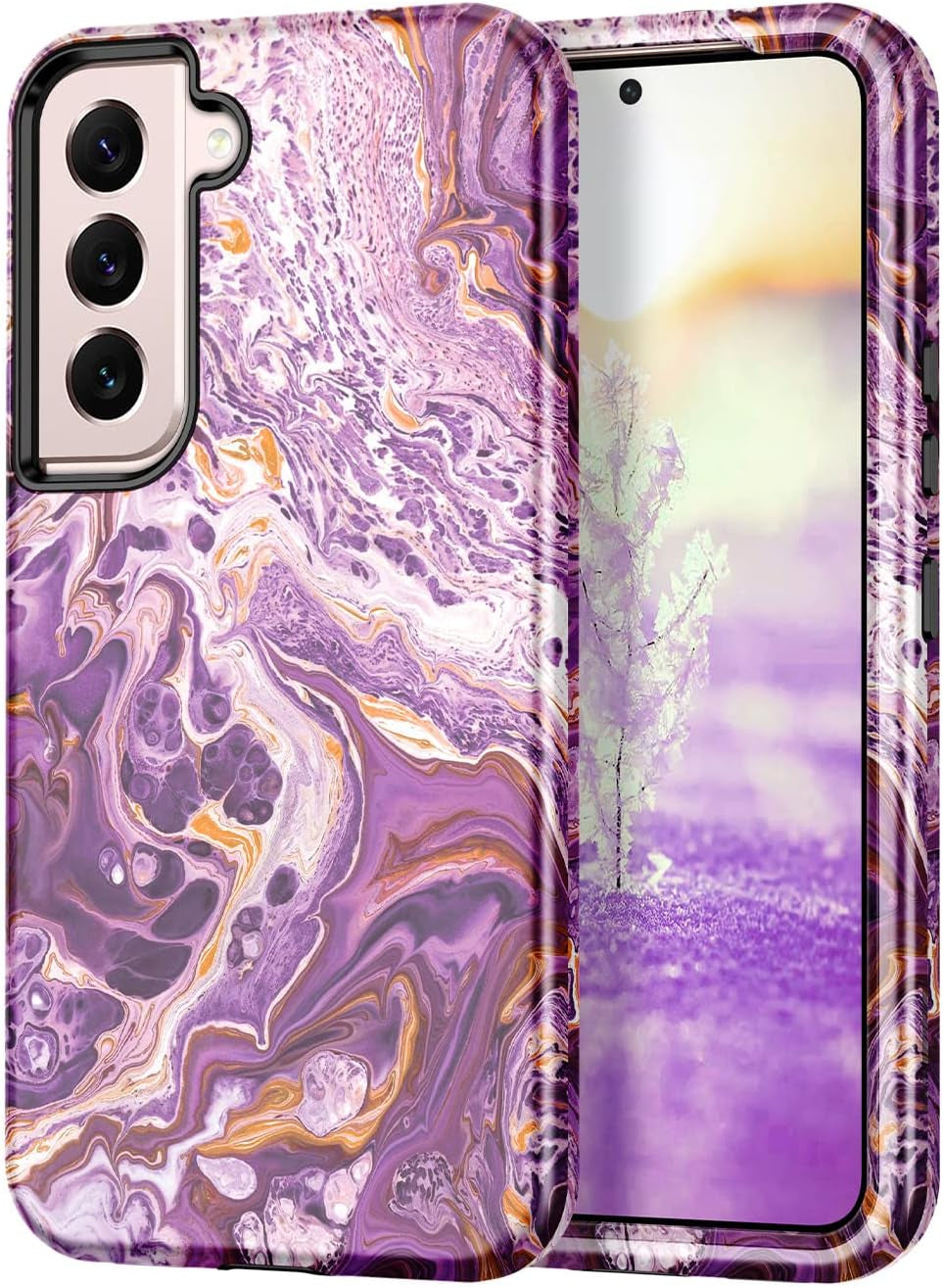 Btscase for Samsung Galaxy S22 5G Case,Marble Pattern 3 in 1 Heavy Duty Shockproof Full Body Rugged Hard Pc+Soft Silicone Drop Protective Women Girl Cover for Samsung Galaxy S22,Dreamland River/Purple  Btscase Purple  