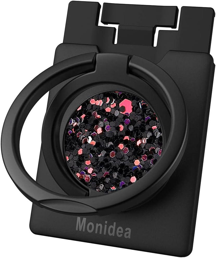 Monidea Phone Ring Holder, Phone Grip Finger Kickstand Wireless Charging Friendly, 360°Rotation Metal Phone Ring Grip Stand Work with Magnetic Car Mount for Iphone Samsung Ipad Tablets & More - Black  MonIdea Sparkle - Black  