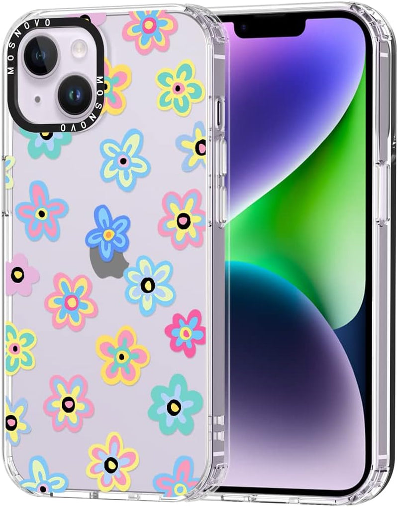 MOSNOVO Compatible with Iphone 14 plus Case, [Buffertech 6.6 Ft Drop Impact] [Anti Peel off Tech] Clear TPU Shockproof Bumper Phone Case Cover with Black Dragon Designed for Iphone 14 plus 6.7"  MOSNOVO Retro Groovy Flower  