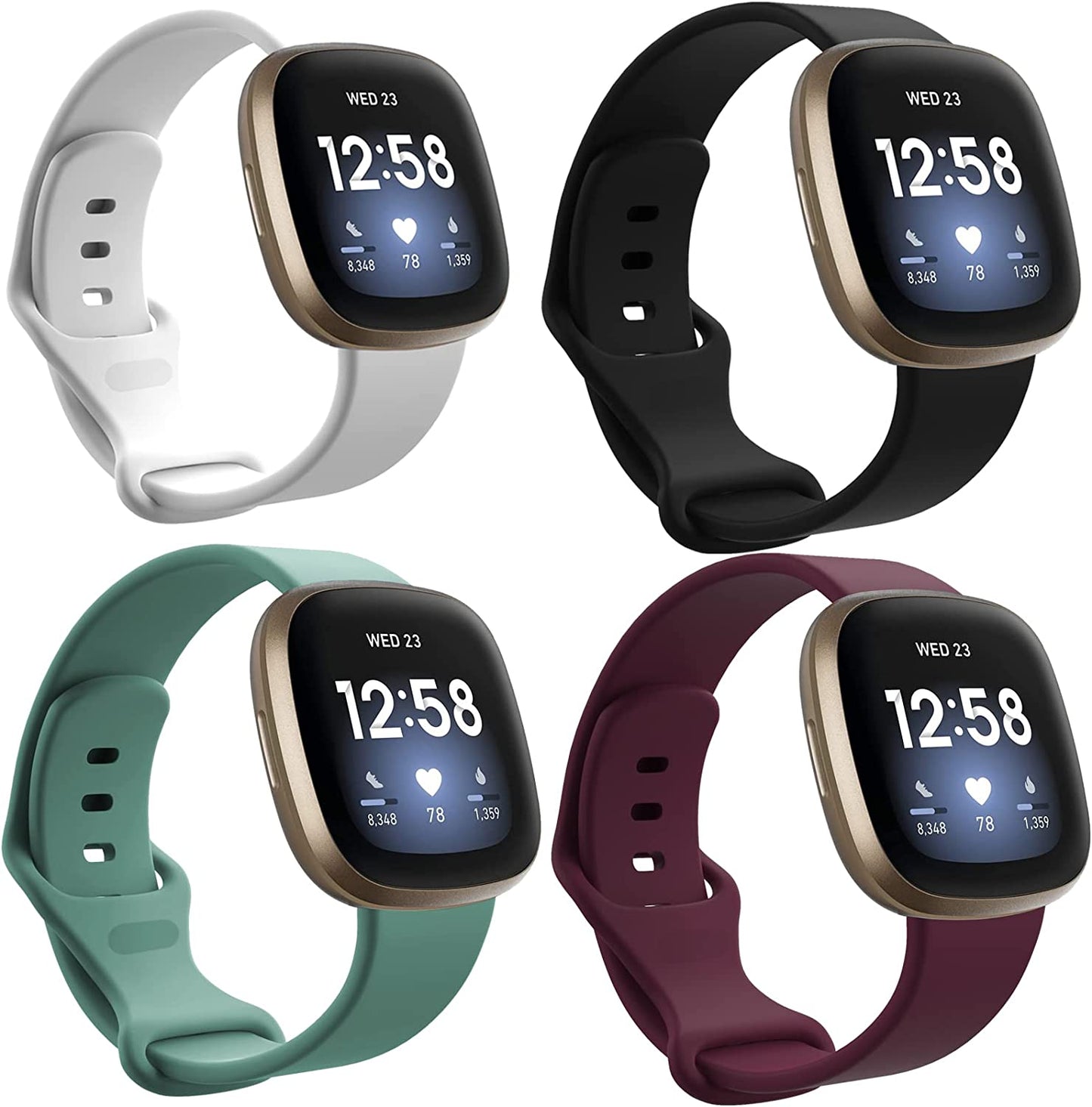 4 Pack Sport Bands Compatible with Fitbit Sense/Versa 3,Classic Soft Silicone Replacement Wristbands for Versa 3 Smart Watch Women Men Large（Black+Dark Blue+Rock Cyan+Grey）  SENGKOB Black + White + Pine Branch Green + Fuchsia Small 