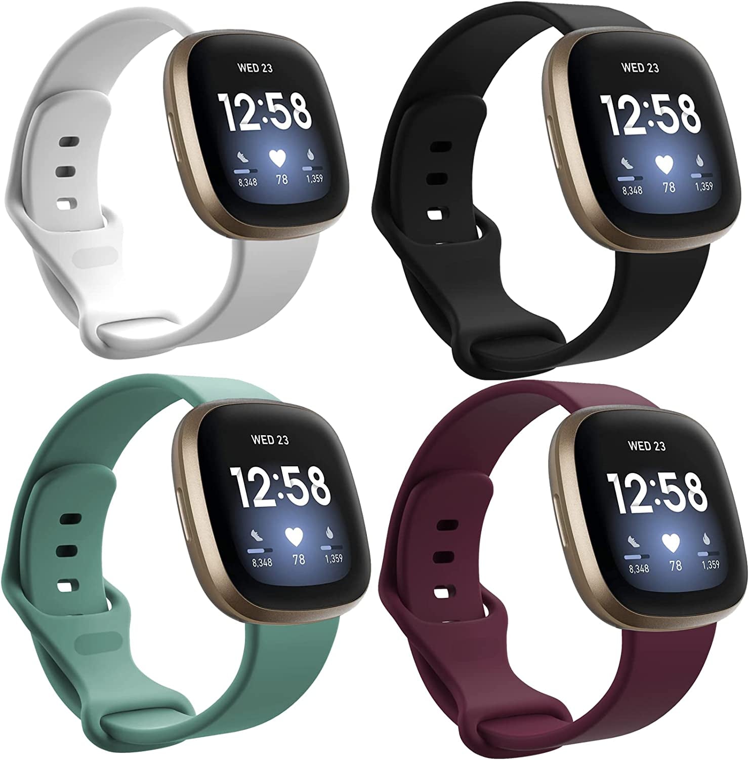 4 Pack Sport Bands Compatible with Fitbit Sense/Versa 3,Classic Soft Silicone Replacement Wristbands for Versa 3 Smart Watch Women Men Large（Black+Dark Blue+Rock Cyan+Grey）  SENGKOB Black + White + Pine Branch Green + Fuchsia Small 