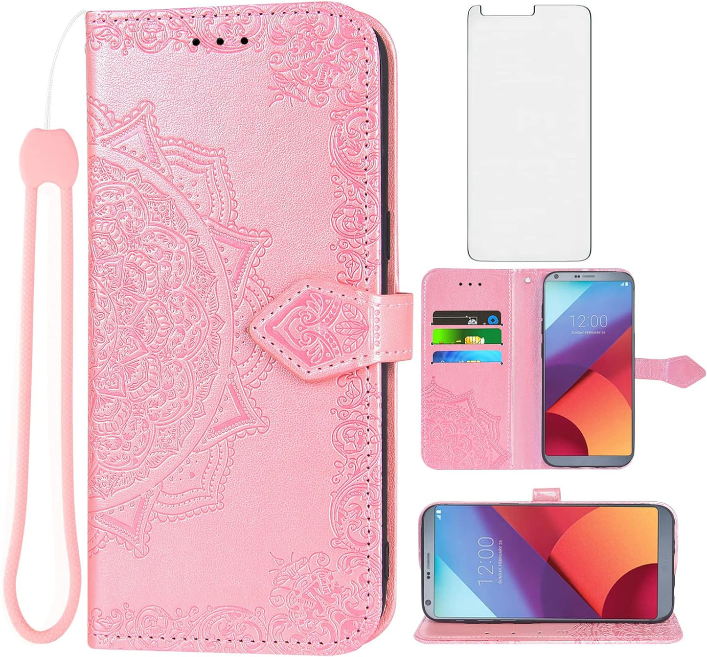 Asuwish Compatible with LG G6 Wallet Case Tempered Glass Screen Protector and Leather Flip Cover Card Holder Cell Phone Cases for LGG6 Thinq LG6 Thin Q G 6 plus G6+ 6G VS988 H872 Women Men Blue  Asuwish Rose Gold  