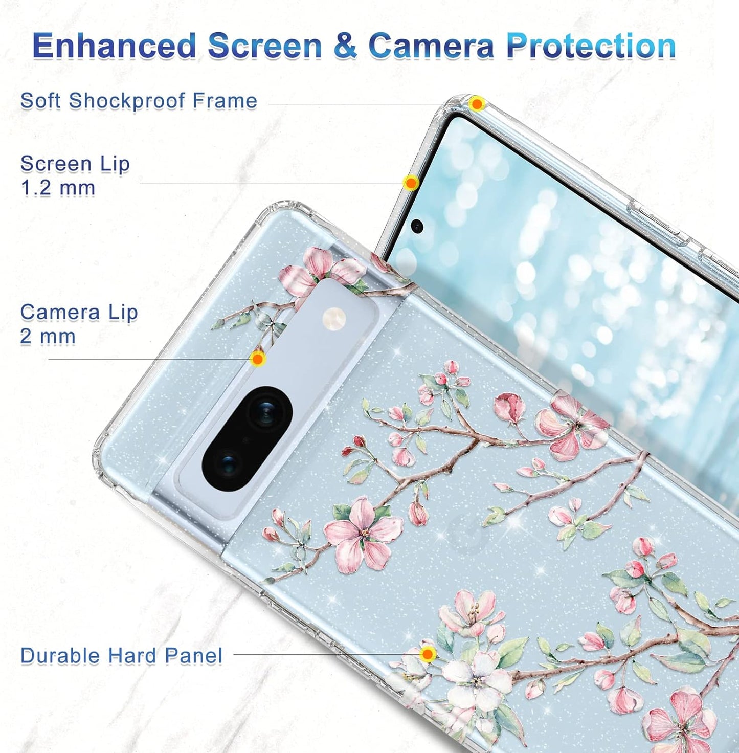 Lamcase Compatible with Google Pixel 7A Case, with 2 Screen Protector + 2 Camera Lens Protector Crystal Bling Sparkly Shiny Soft Flexible TPU Slim Drop Protection for Women Girls, Apricot Flower  Lamcase   