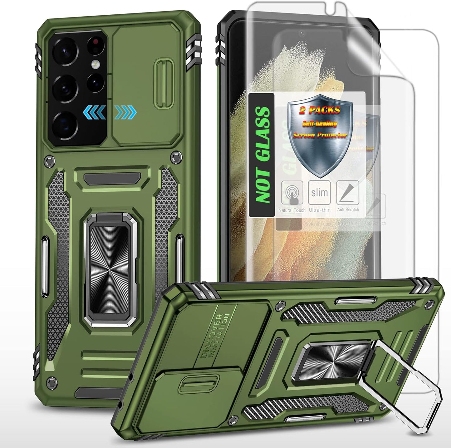 AYMECL Case for S21 Ultra 5G,Galaxys21 Ultra 5G Case with Slide Camera Cover&[2 Packs] Self-Healing Film,360° Rotate Ring Stand Magnetic Cover Case for Samsung Galaxy S21 Ultra 5G 6.8"-Blue  AYMECL Kg-Olive Green  