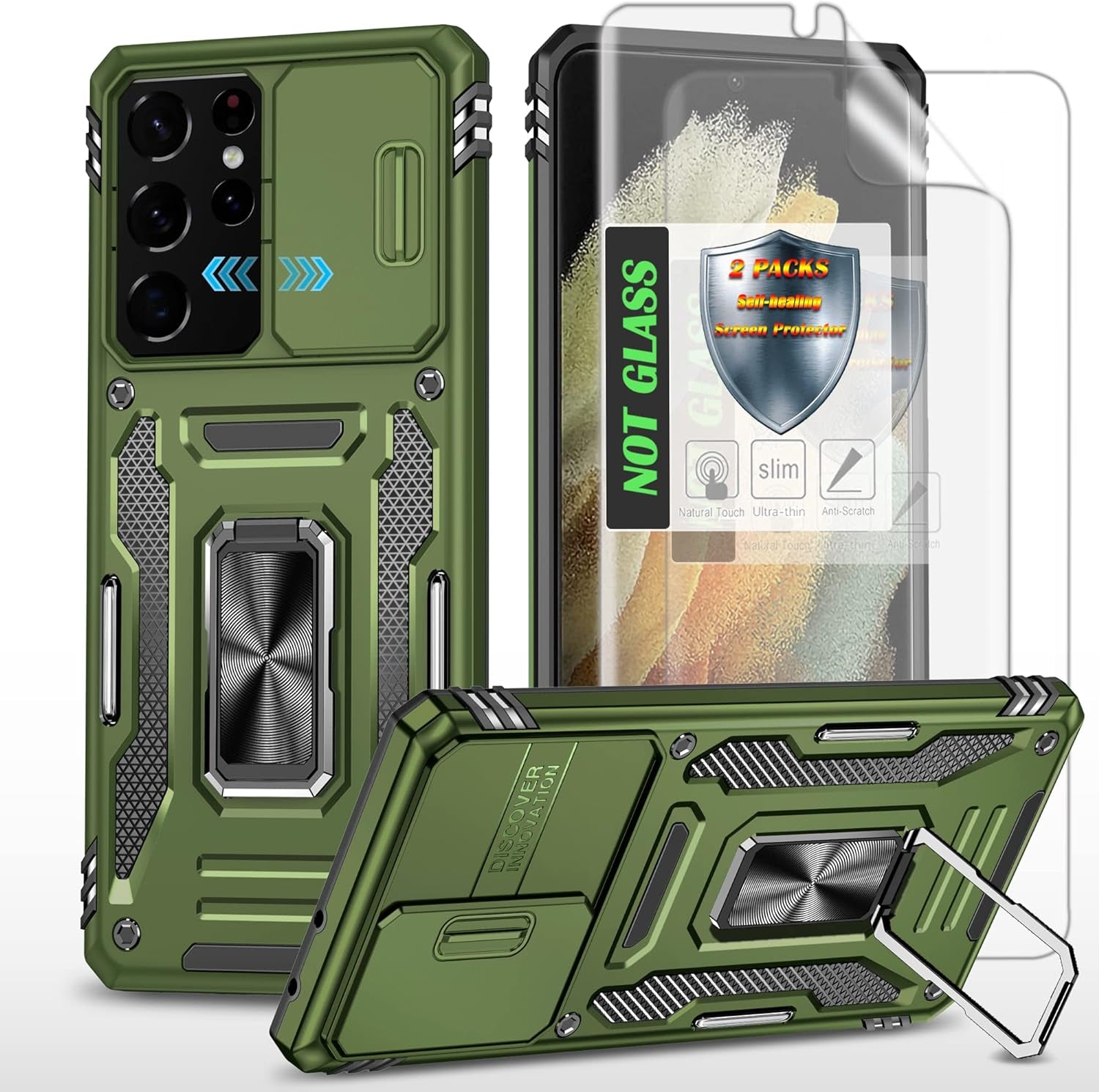 AYMECL Case for S21 Ultra 5G,Galaxys21 Ultra 5G Case with Slide Camera Cover&[2 Packs] Self-Healing Film,360° Rotate Ring Stand Magnetic Cover Case for Samsung Galaxy S21 Ultra 5G 6.8"-Blue  AYMECL Kg-Olive Green  