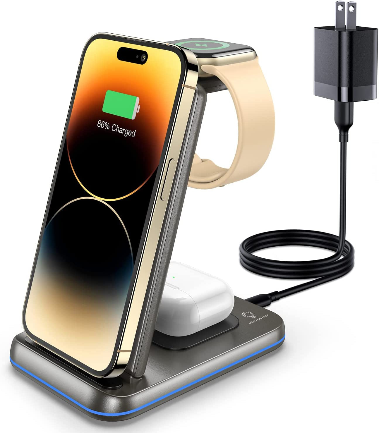 ZUBARR Foldable Wireless Charger for Multiple Devices 3 in 1 Wireless Charging Station for Travel, Compatible with Iphone14 13 12 11/Pro/Xr, Iwatch Charger Forse/8/7/6/5/4/3/2, Airpods Wireless/Pro  ZUBARR Grey  