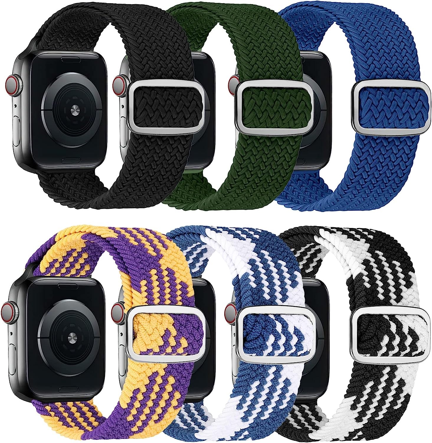 Adjustable Elastics Band Compatible with Apple Watch 38Mm 40Mm 41Mm 42Mm 44Mm 45Mm, Sport Solo Loop Stretch Nylon Replacement Wristband for Iwatch SE Series 8 7 6 5 4 3 2 1  LHXYUO Braided-Black+Cactus+Navy Blue+Blackwhite+ Bluewhite+ Yellowpurple 42/44/45mm 