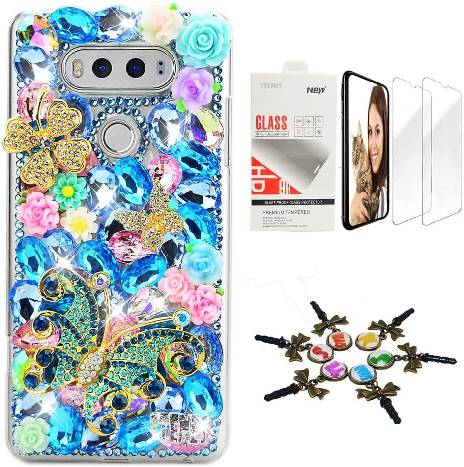 STENES Bling Case Compatible with LG G6 / LG G6 plus - Stylish - 3D Handmade [Sparkle Series] Girls Mirror Flowers Design Cover with Screen Protector [2 Pack] - Blue  STENES Flowers Butterfly Rose Flowers / Navy Blue Design For Lg Stylo 5 